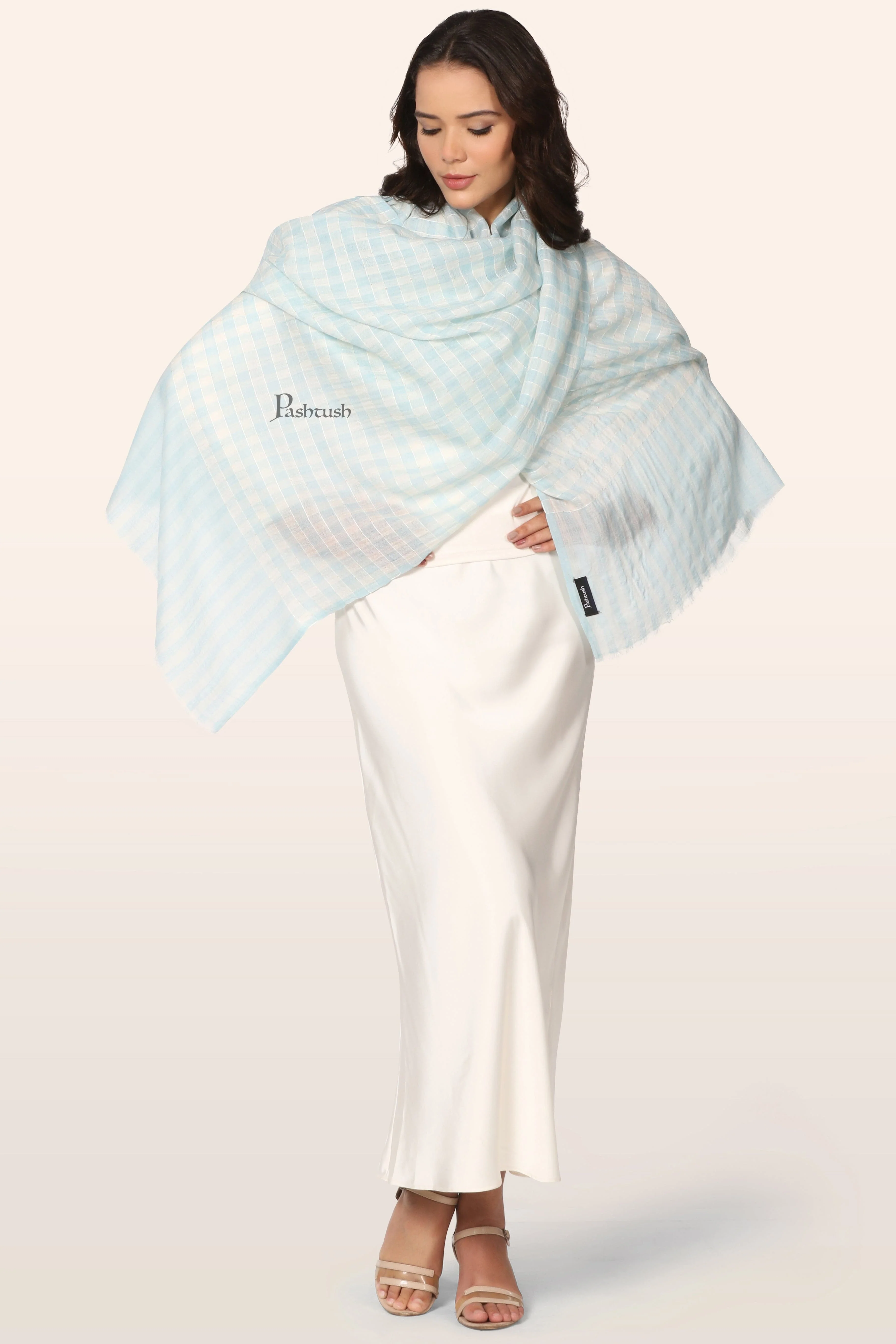 Pashtush Womens Extra Fine Wool Stole, Hand Embroidery Checkered Design, Aqua - Image 4