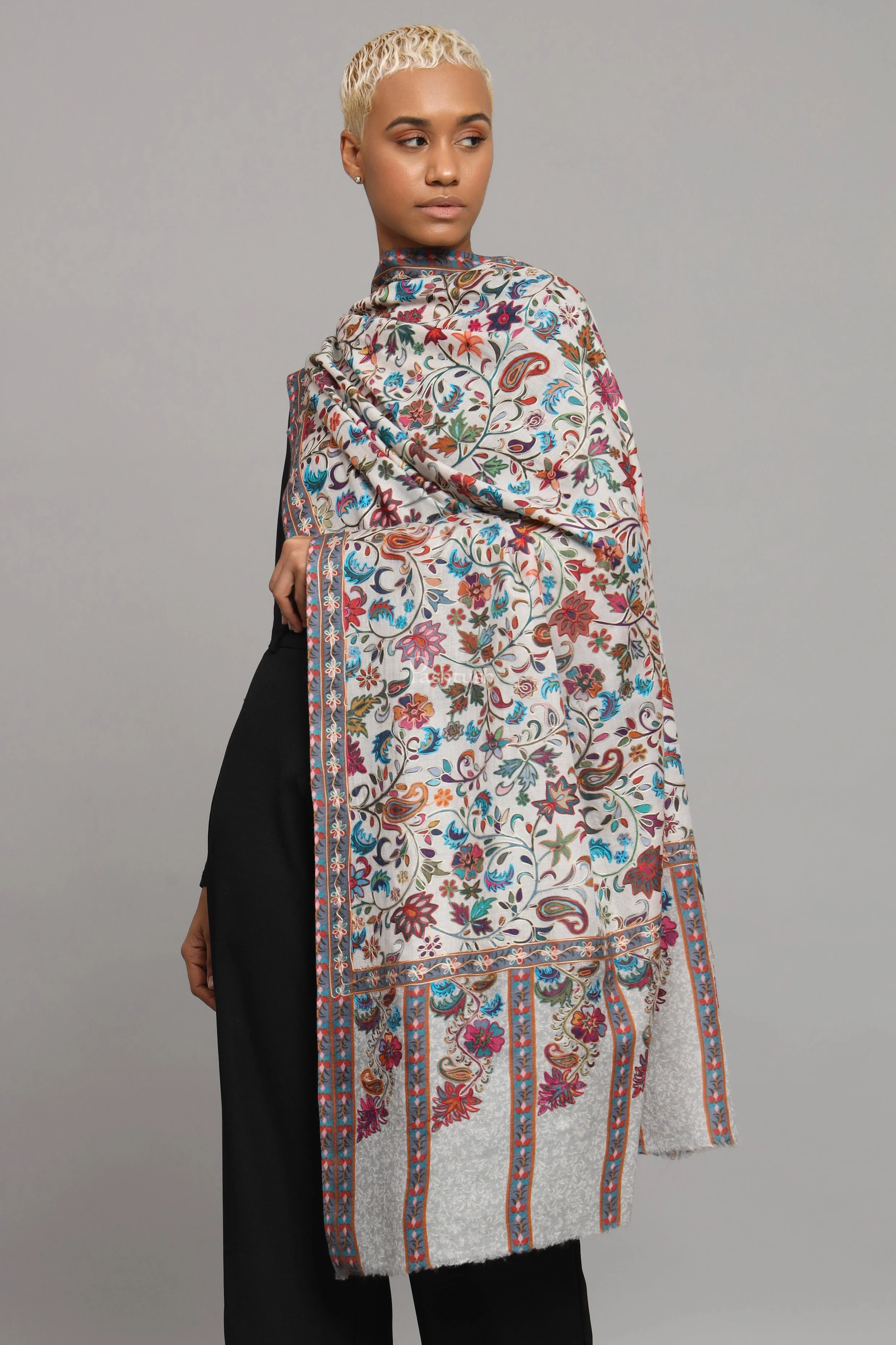 Pashtush Womens Extra Fine Wool Stole, Kalamkari Embroidery Design, Ivory
