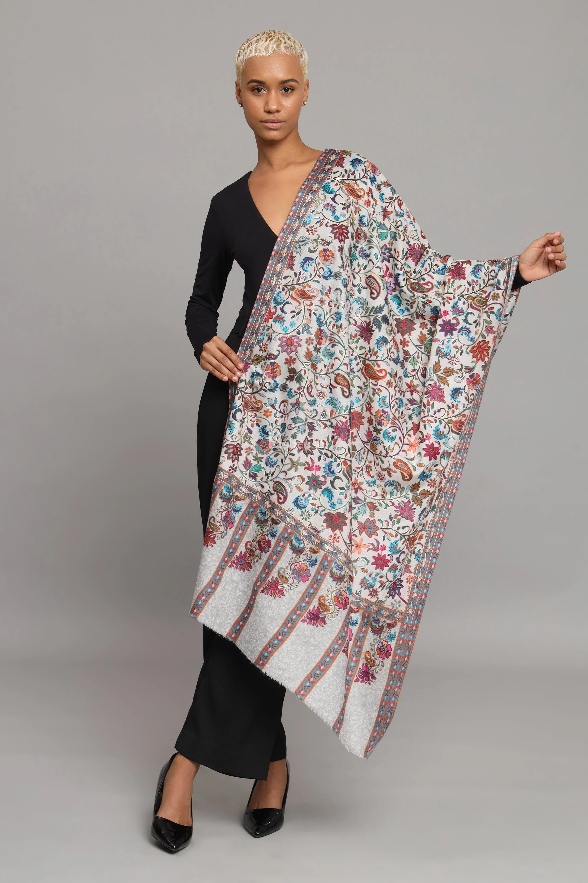 Pashtush Womens Extra Fine Wool Stole, Kalamkari Embroidery Design, Ivory - Image 3