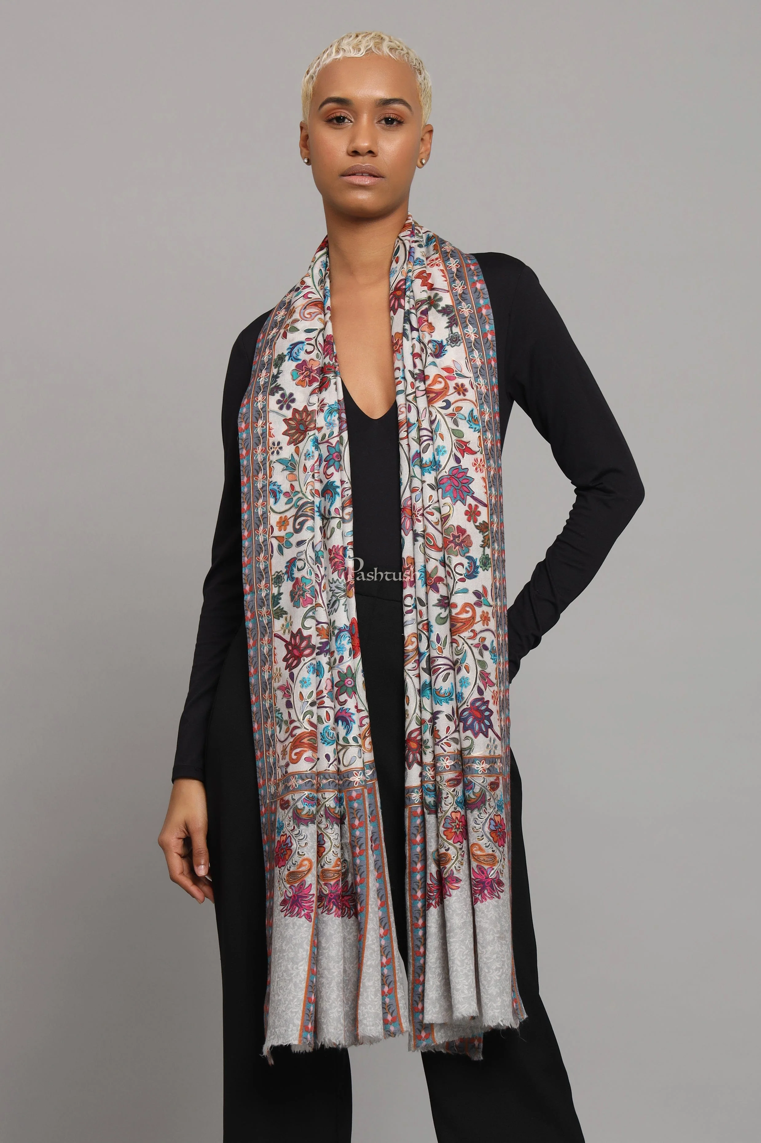 Pashtush Womens Extra Fine Wool Stole, Kalamkari Embroidery Design, Ivory - Image 4