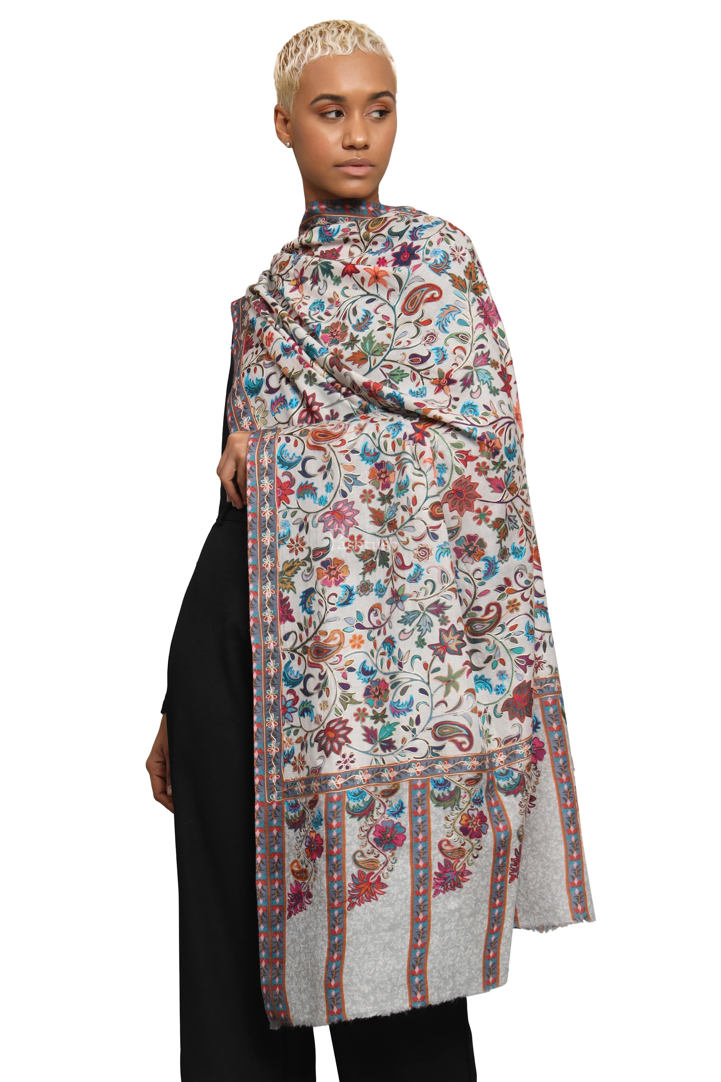 Pashtush Womens Extra Fine Wool Stole, Kalamkari Embroidery Design, Ivory - Image 6
