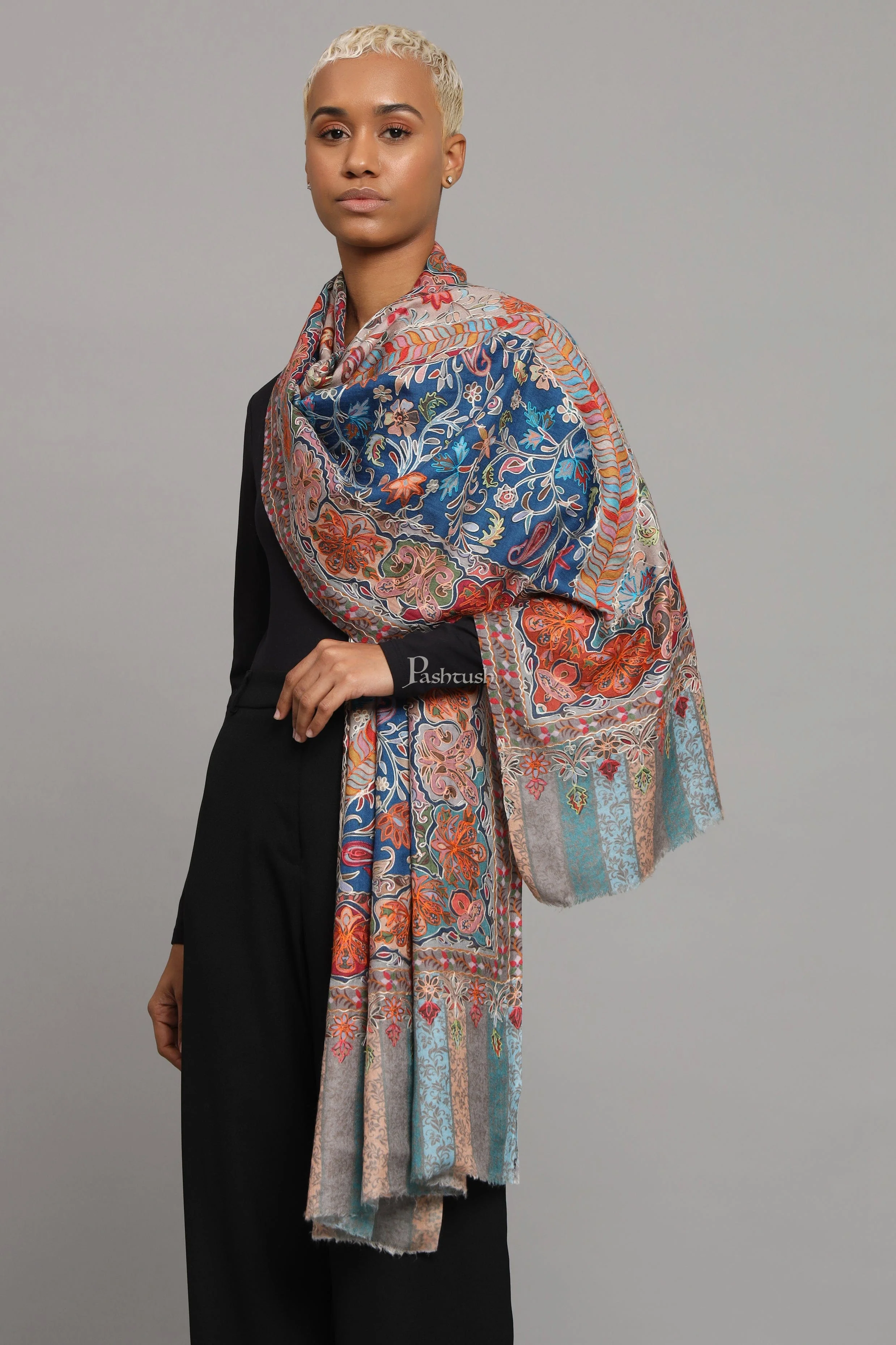 Pashtush Womens Extra Fine Wool Stole, Kalamkari Embroidery Design, Multicolour - Image 3