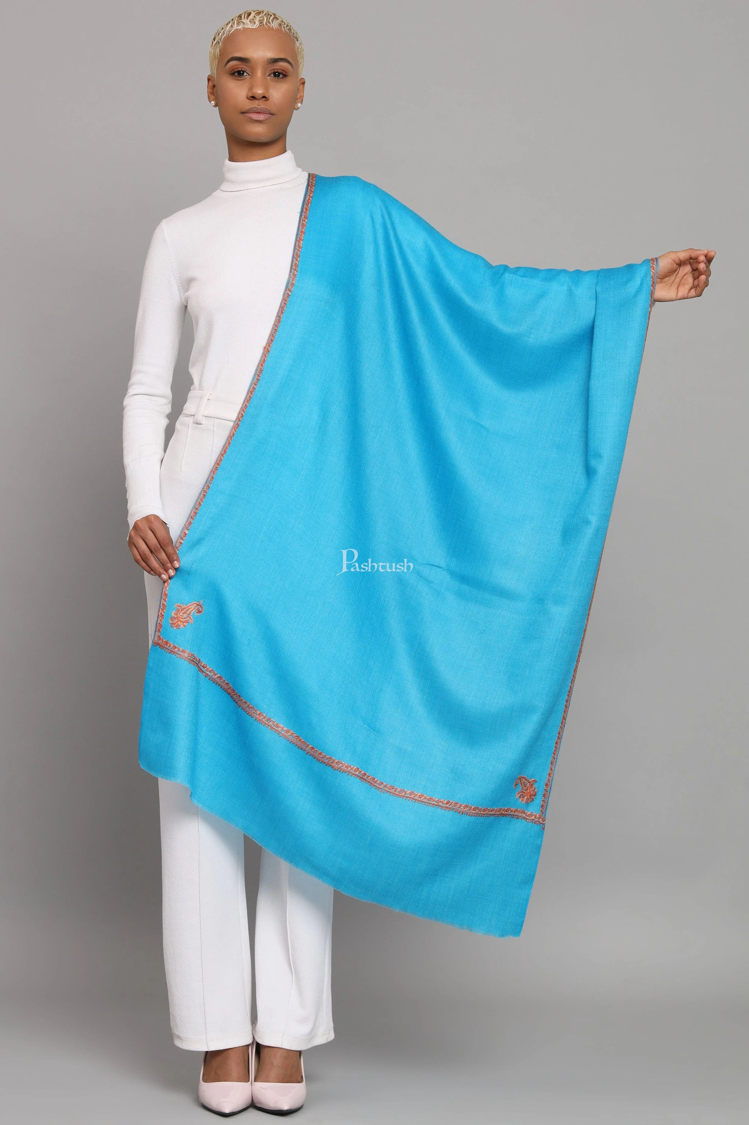 Pashtush Womens Fine Wool Stole, Kashmiri Hand Embroidery, Kingri Design, Arabic Sea Blue - Image 3