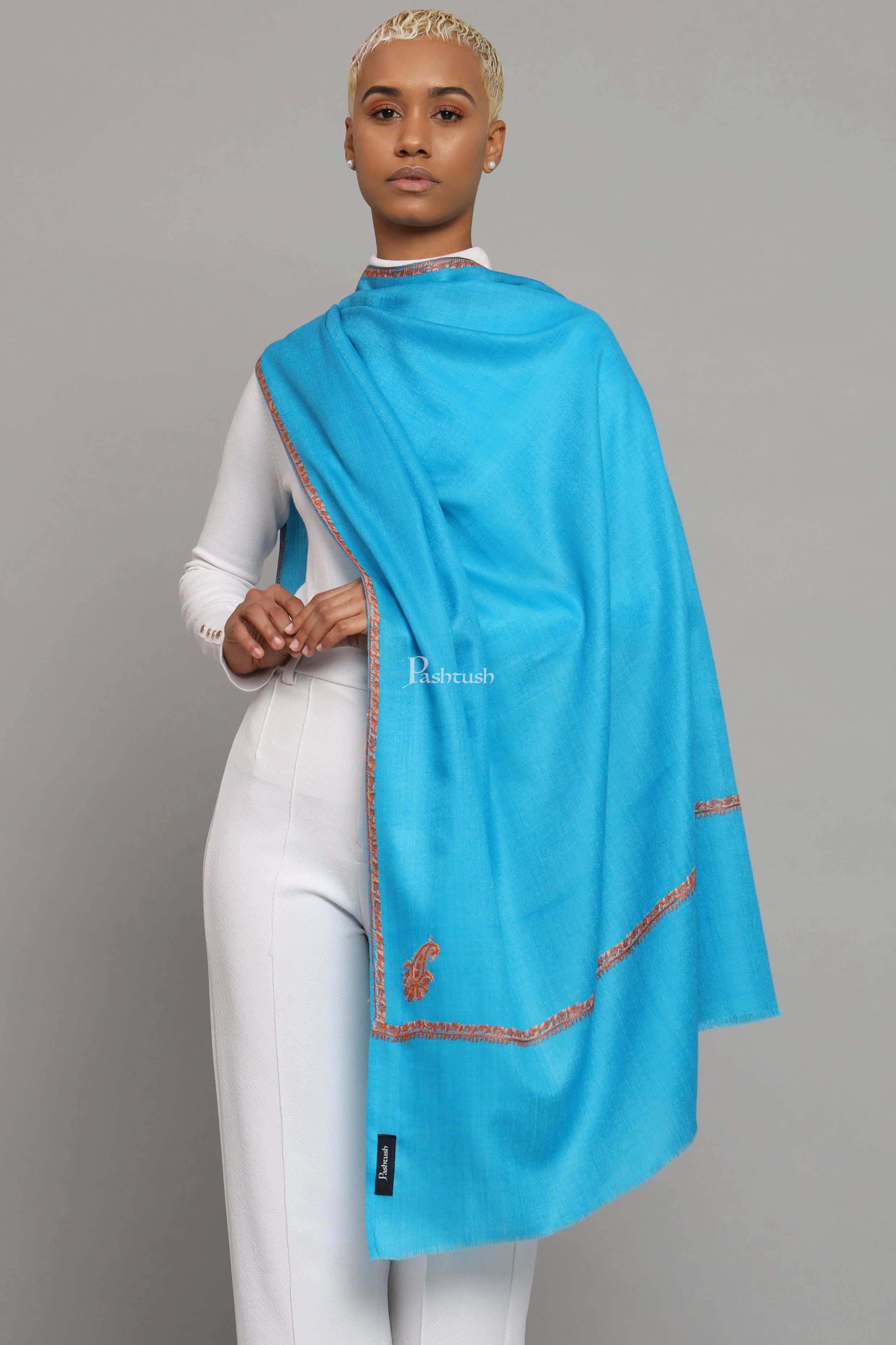 Pashtush Womens Fine Wool Stole, Kashmiri Hand Embroidery, Kingri Design, Arabic Sea Blue - Image 4