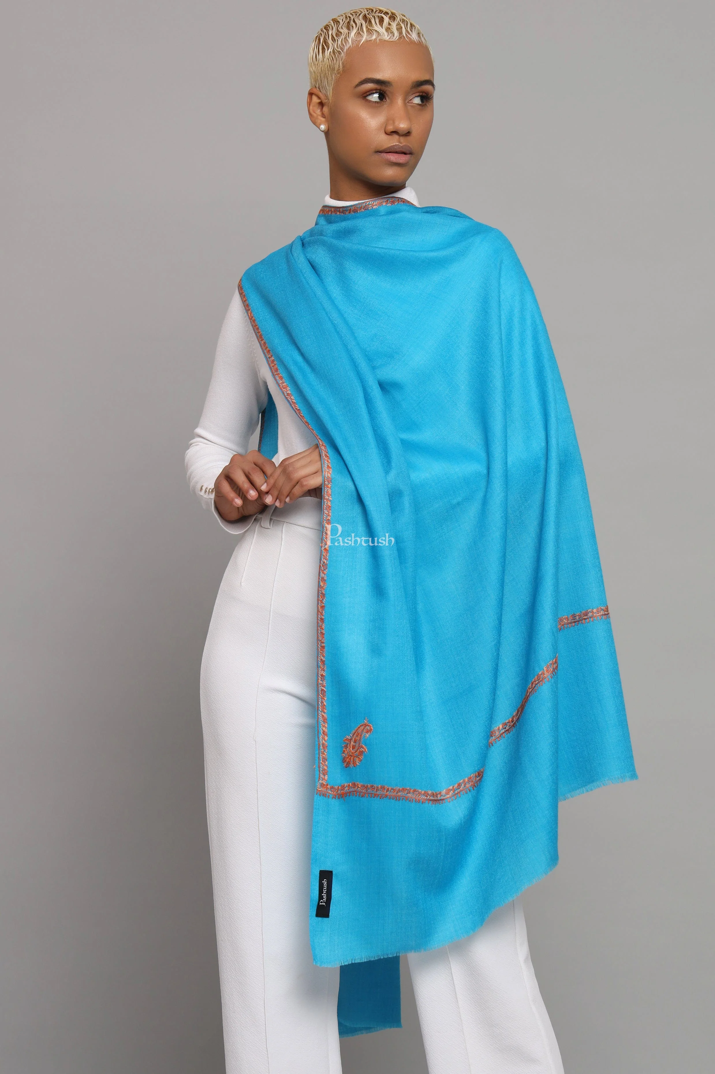 Pashtush Womens Fine Wool Stole, Kashmiri Hand Embroidery, Kingri Design, Arabic Sea Blue - Image 5