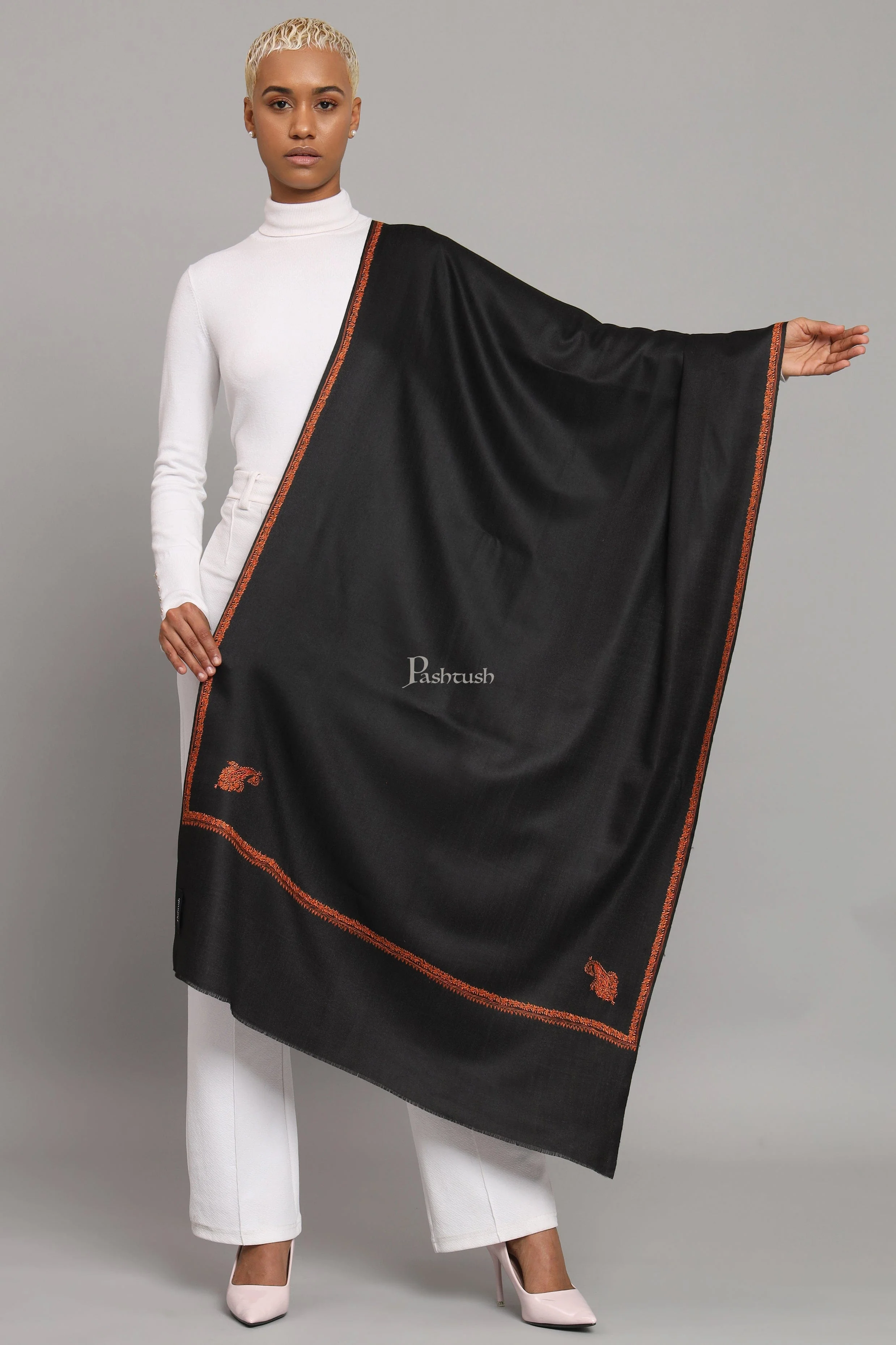 Pashtush Womens Fine Wool Stole, Kashmiri Hand Embroidery, Kingri Design, Black - Image 4