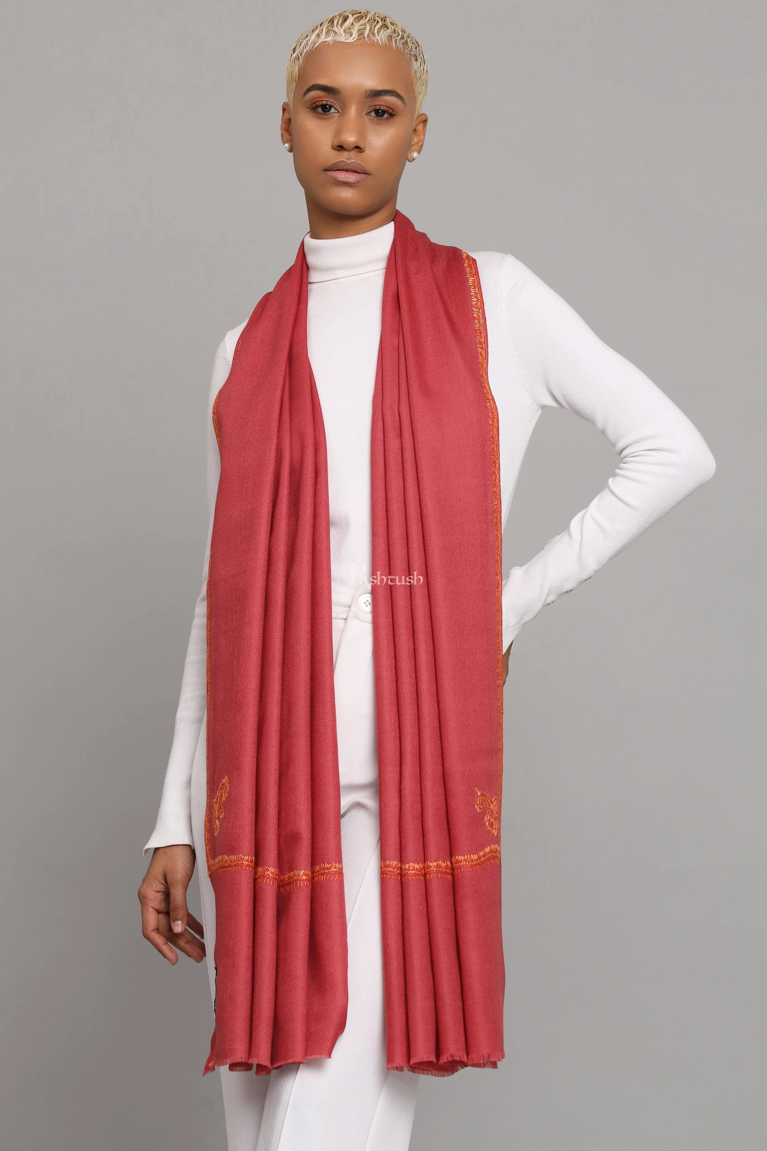 Pashtush Womens Extra Fine Wool Stole, Kashmiri Hand Embroidery, Kingri Design, Morning Rose - Image 3
