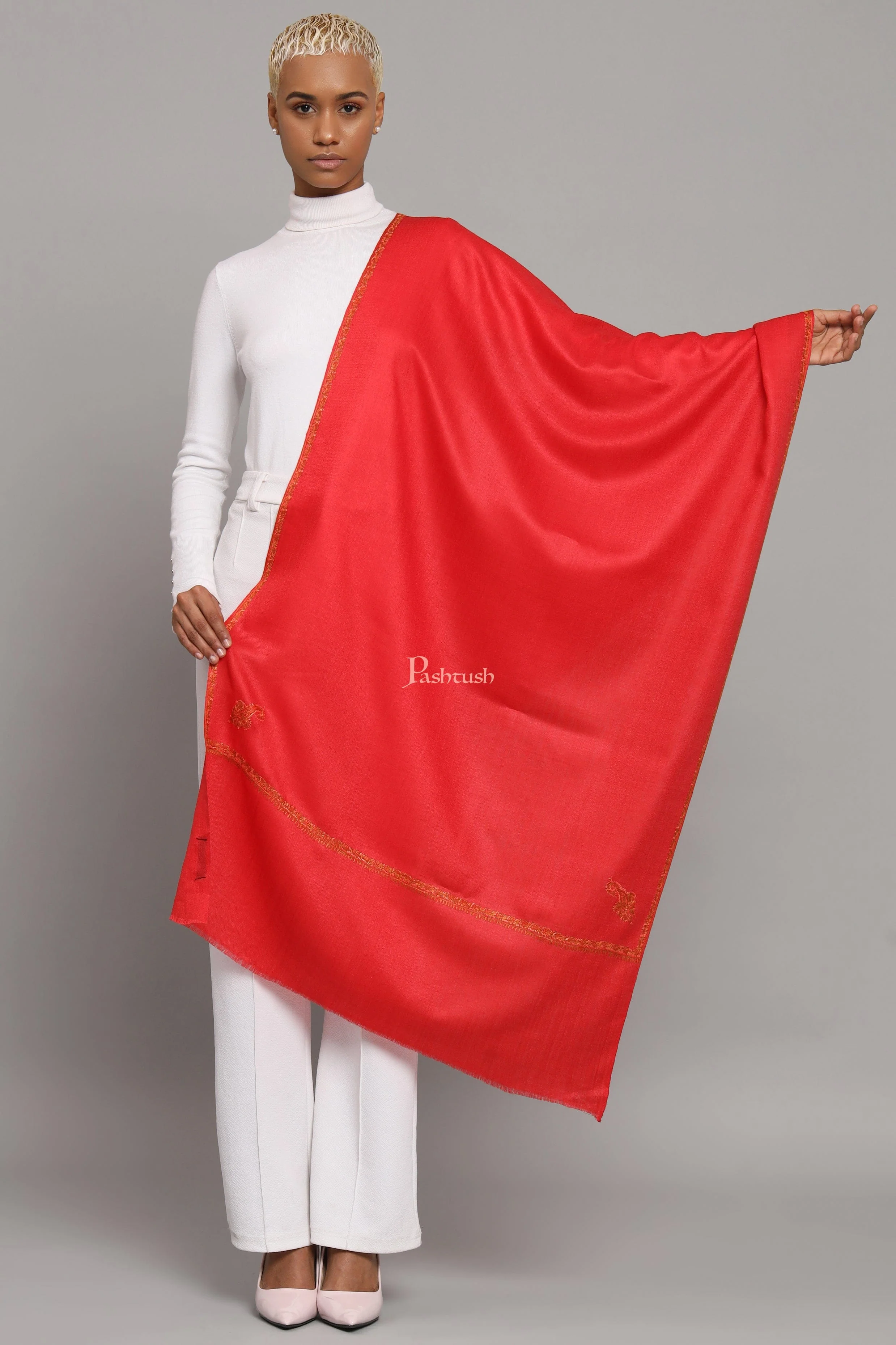 Pashtush Womens Extra Fine Wool Stole, Kashmiri Hand Embroidery, Kingri Design, Red - Image 3