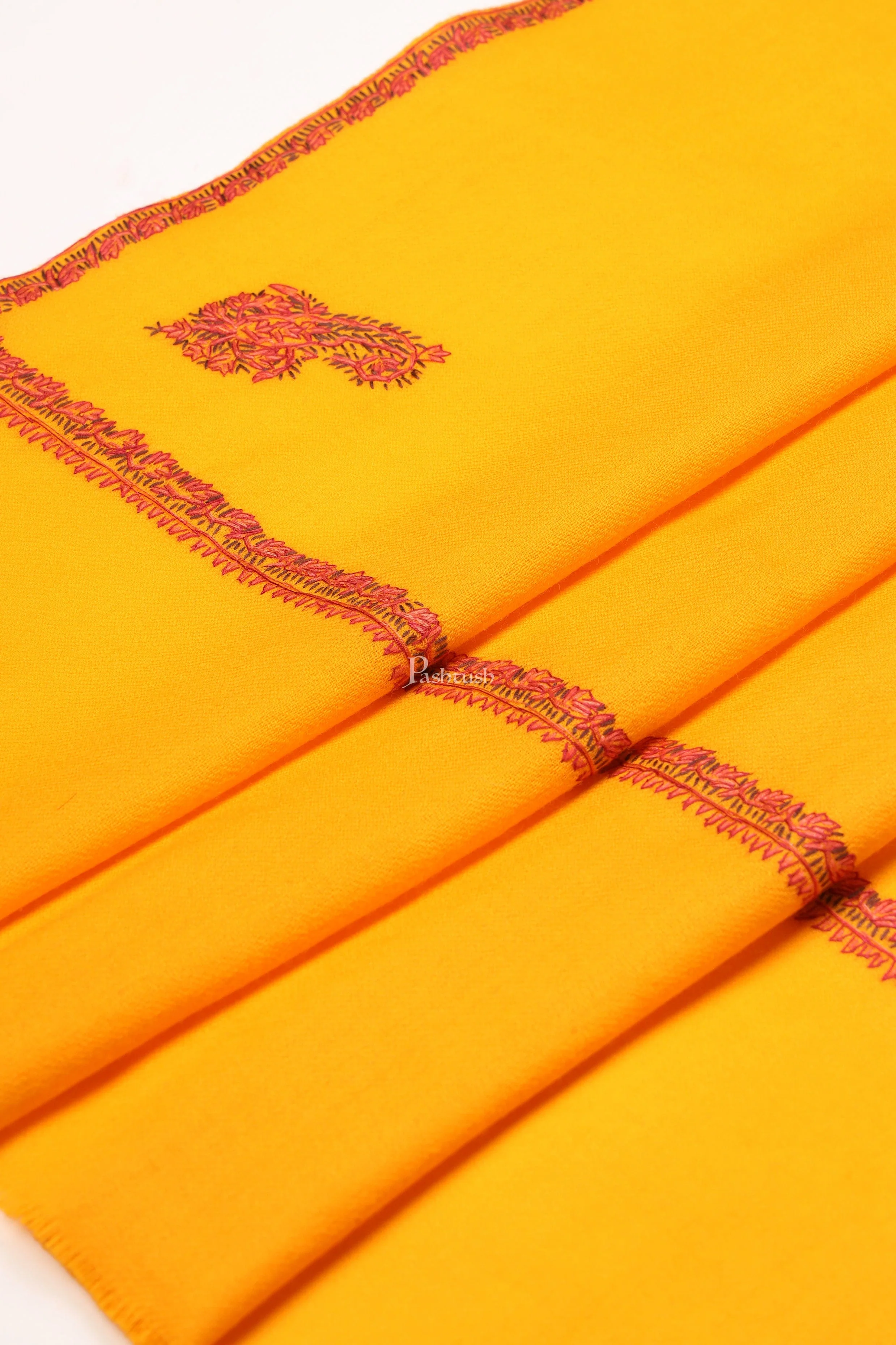 Pashtush Womens Fine Wool Stole, Kashmiri Hand Embroidery, Kingri Design, Yellow - Image 2