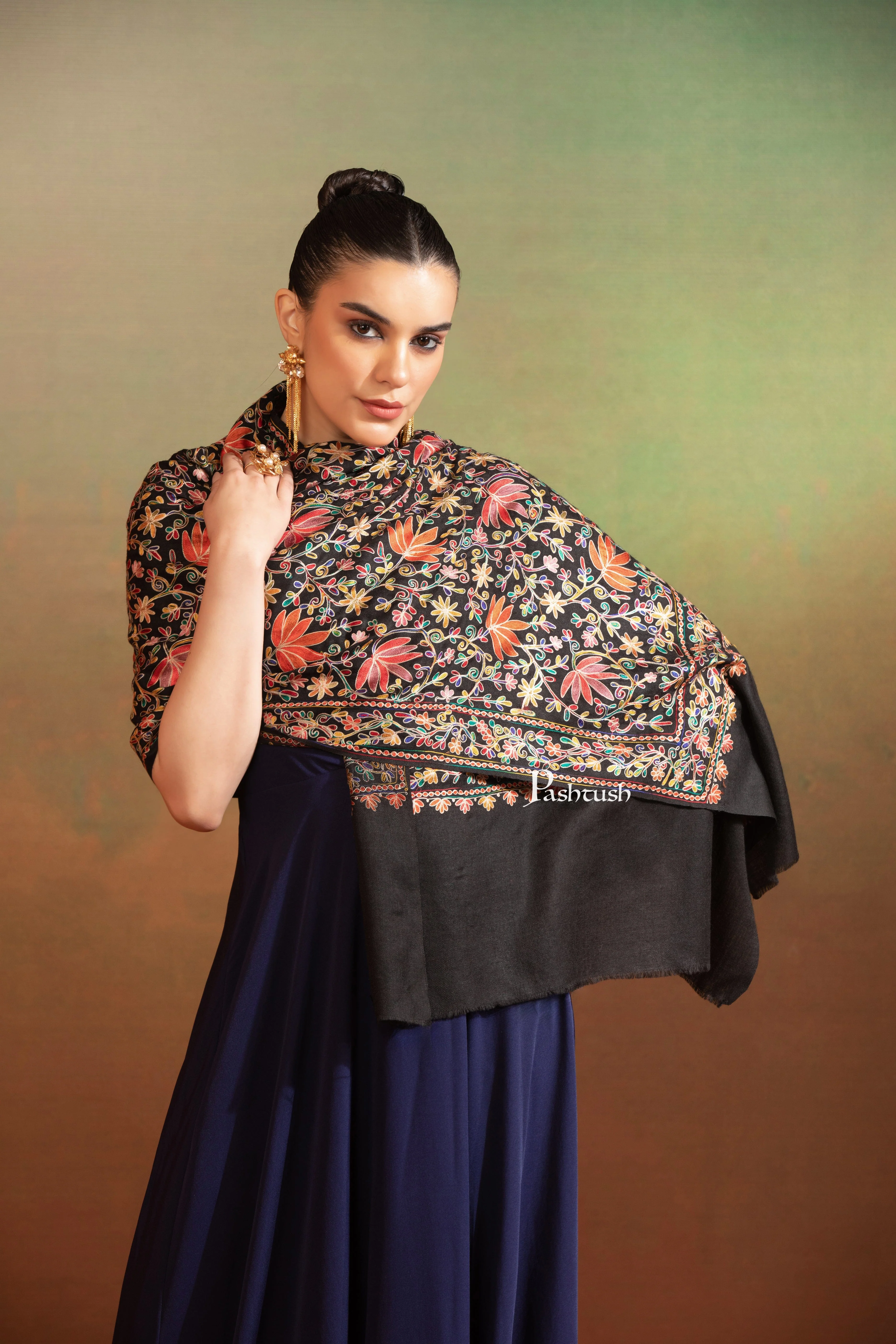 Pashtush Womens Extra Fine Wool Stole, Nalki Hand Embroidered Jaal Design, Black - Image 3