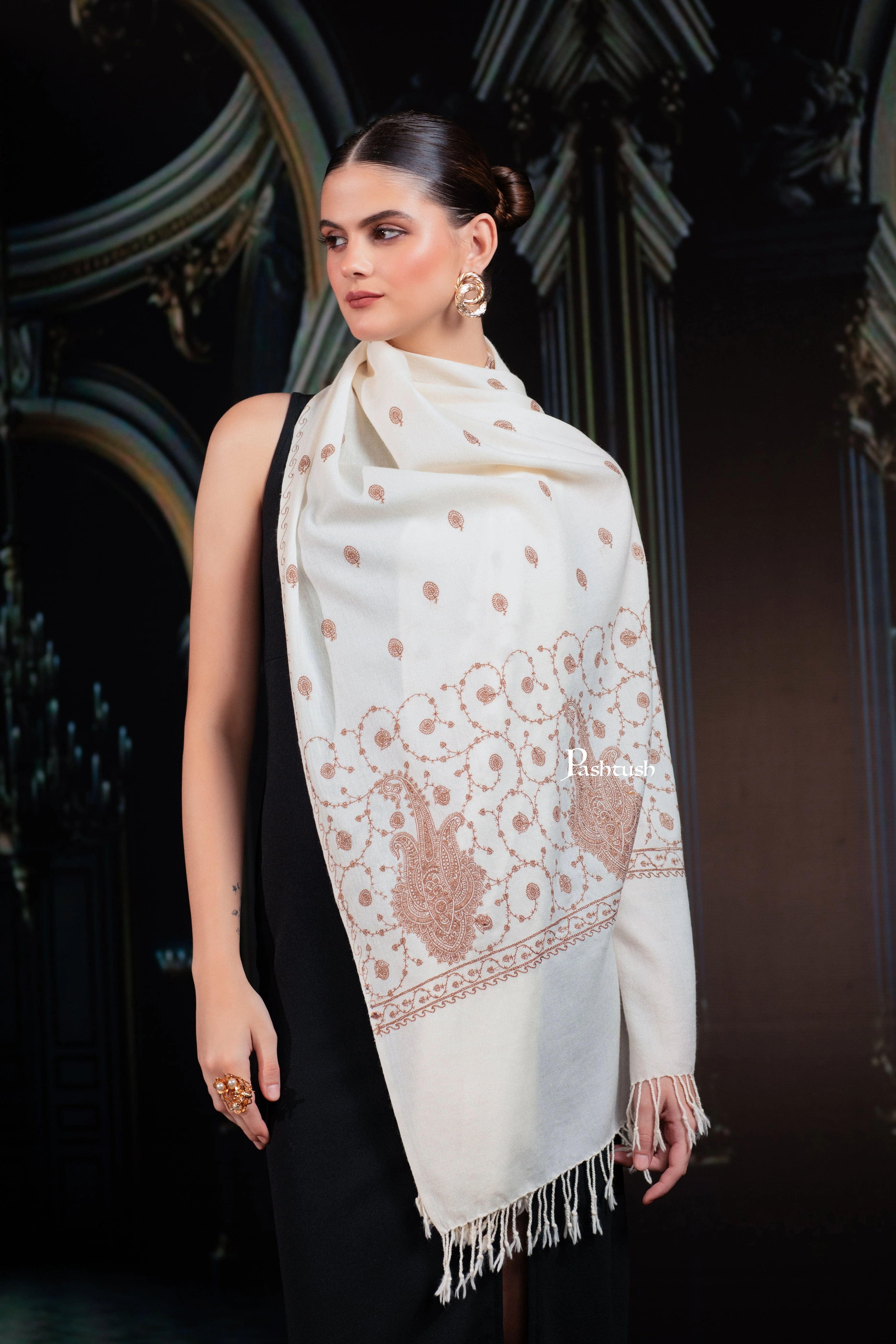 Pashtush Womens Extra Fine Wool Stole, Paisley Embroidery Palla Design, Ivory - Image 5