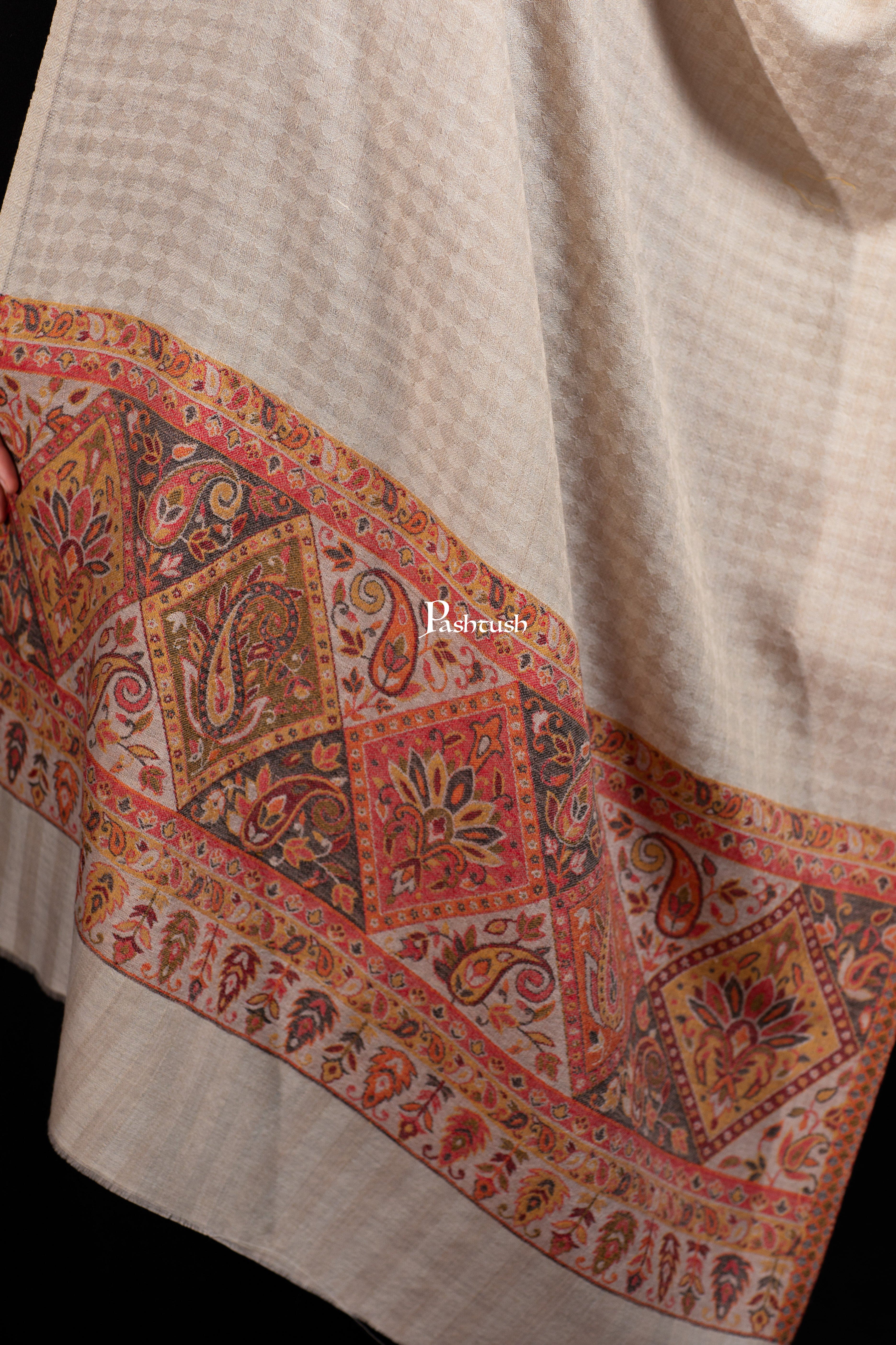 Pashtush Womens Extra Fine Wool Stole, Paisley Palla Design, Beige - Image 2
