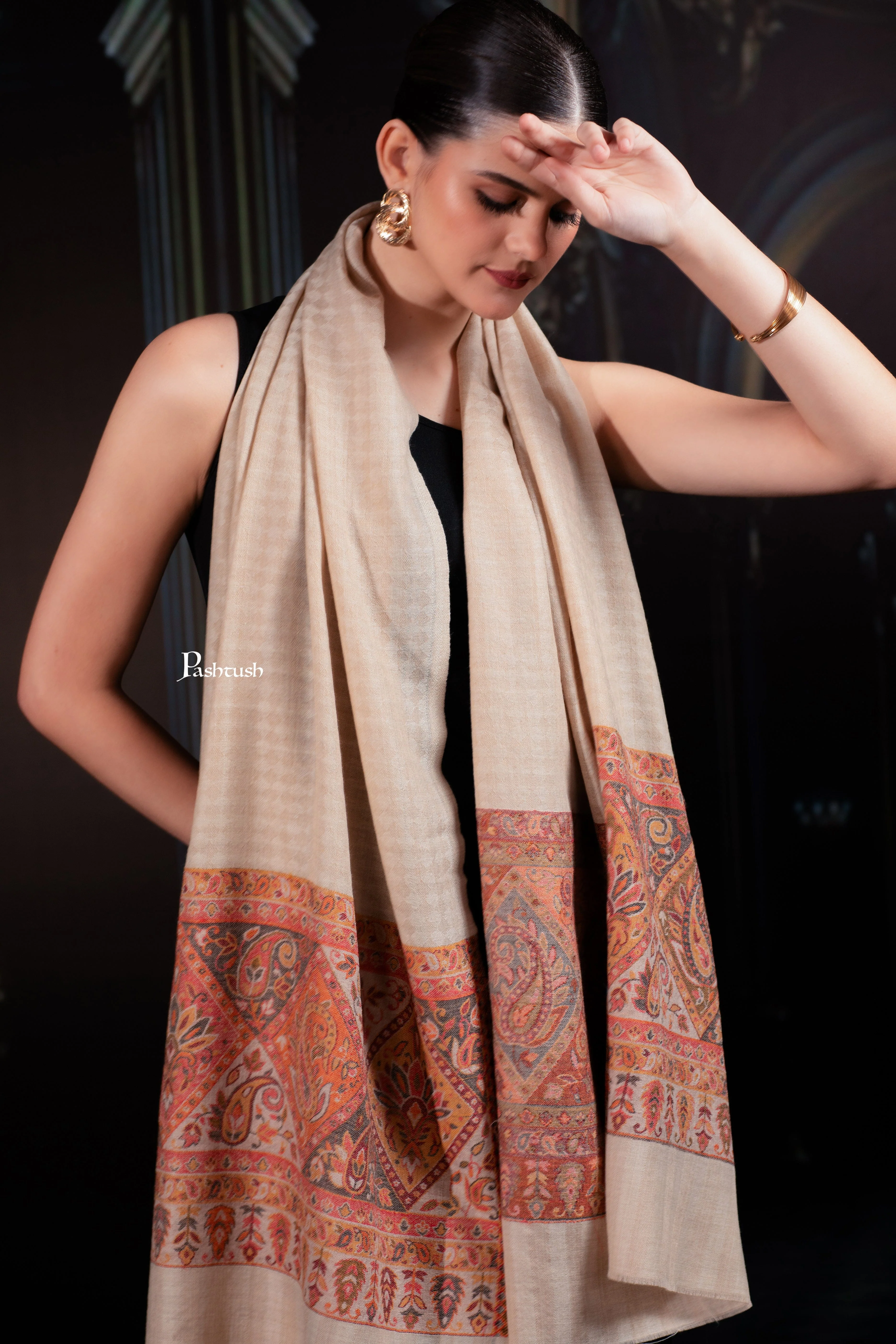 Pashtush Womens Extra Fine Wool Stole, Paisley Palla Design, Beige - Image 4