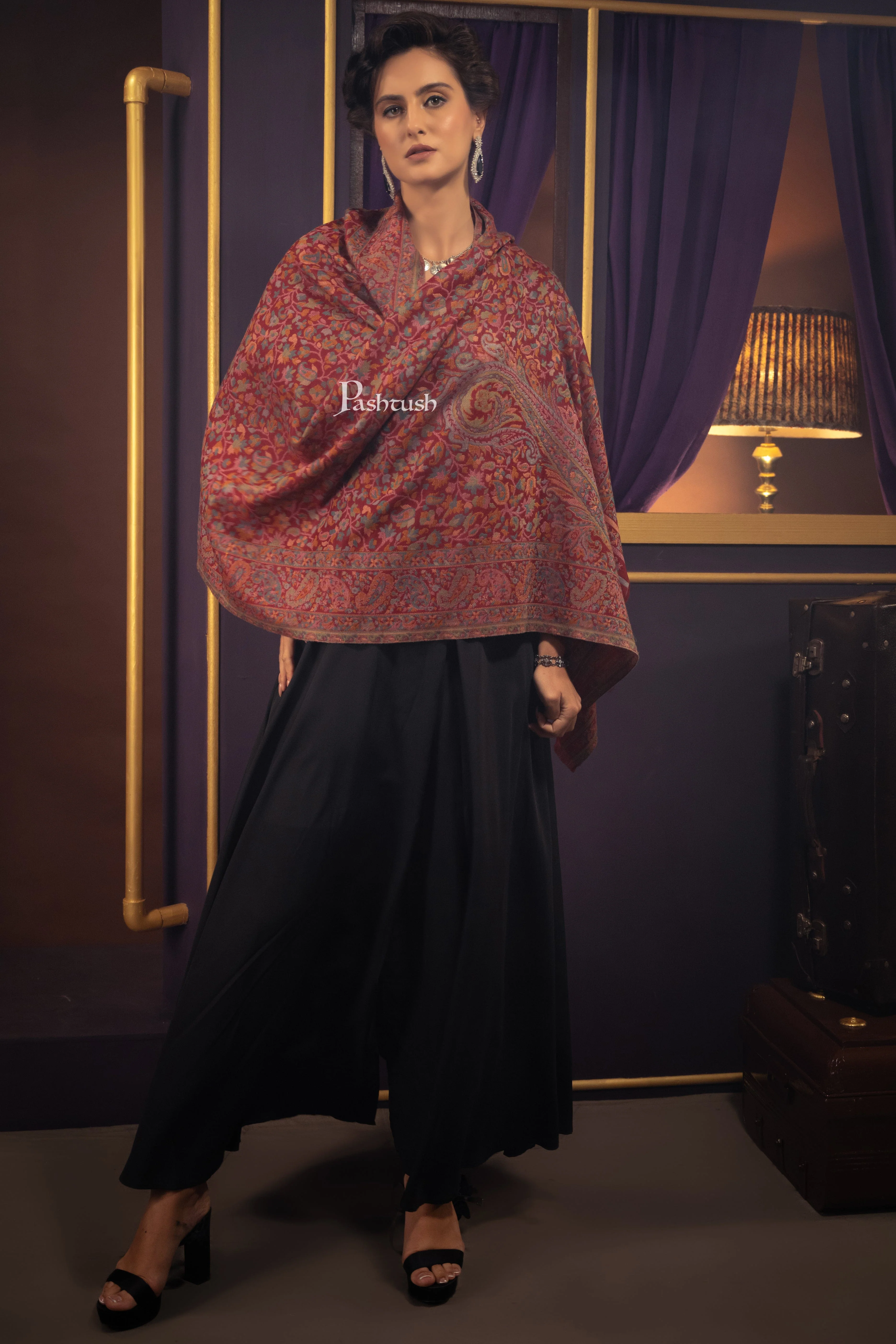 Pashtush Womens Extra Fine Wool Stole, Pasiley Design, Maroon - Image 2