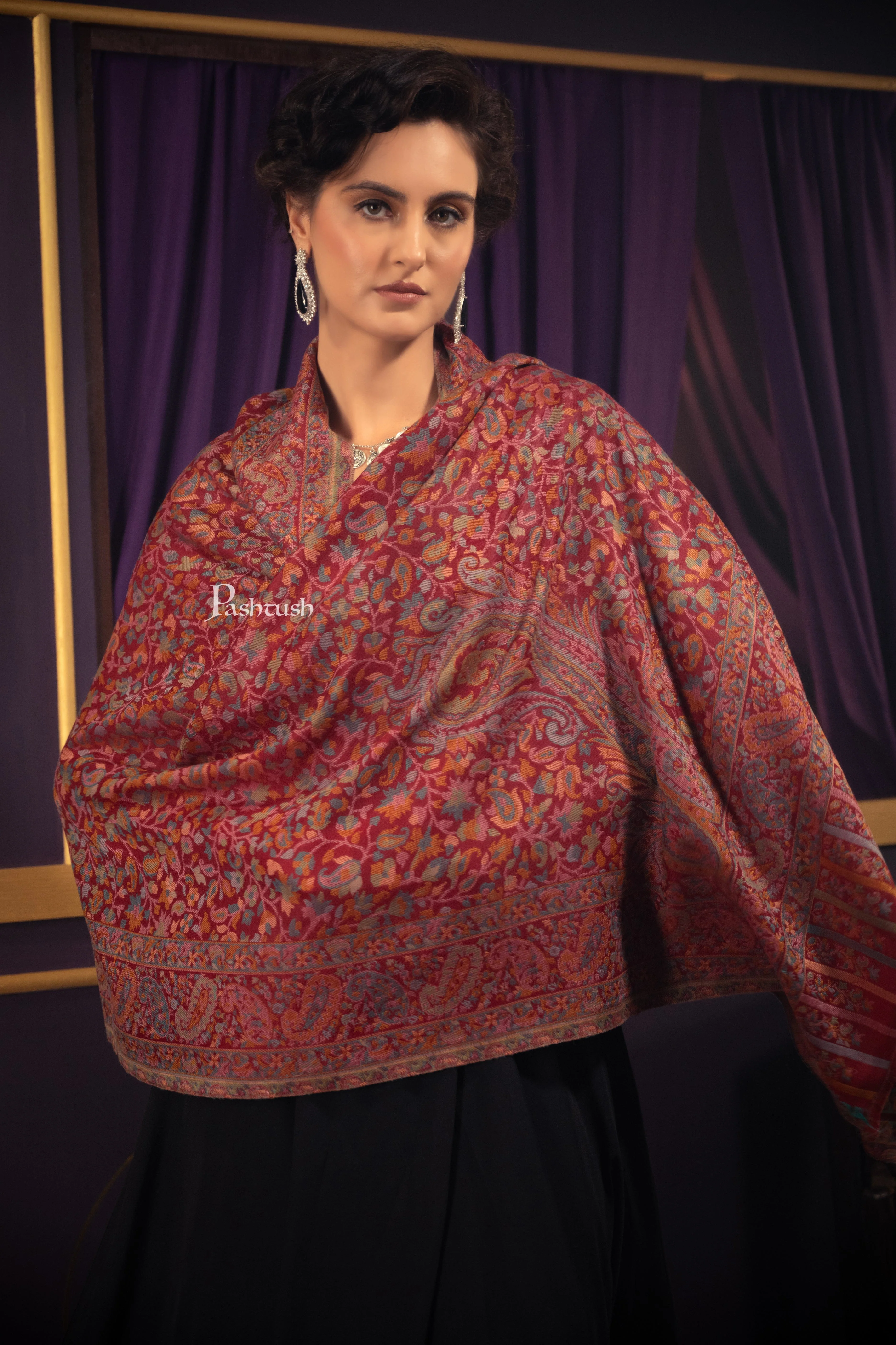 Pashtush Womens Extra Fine Wool Stole, Pasiley Design, Maroon - Image 3