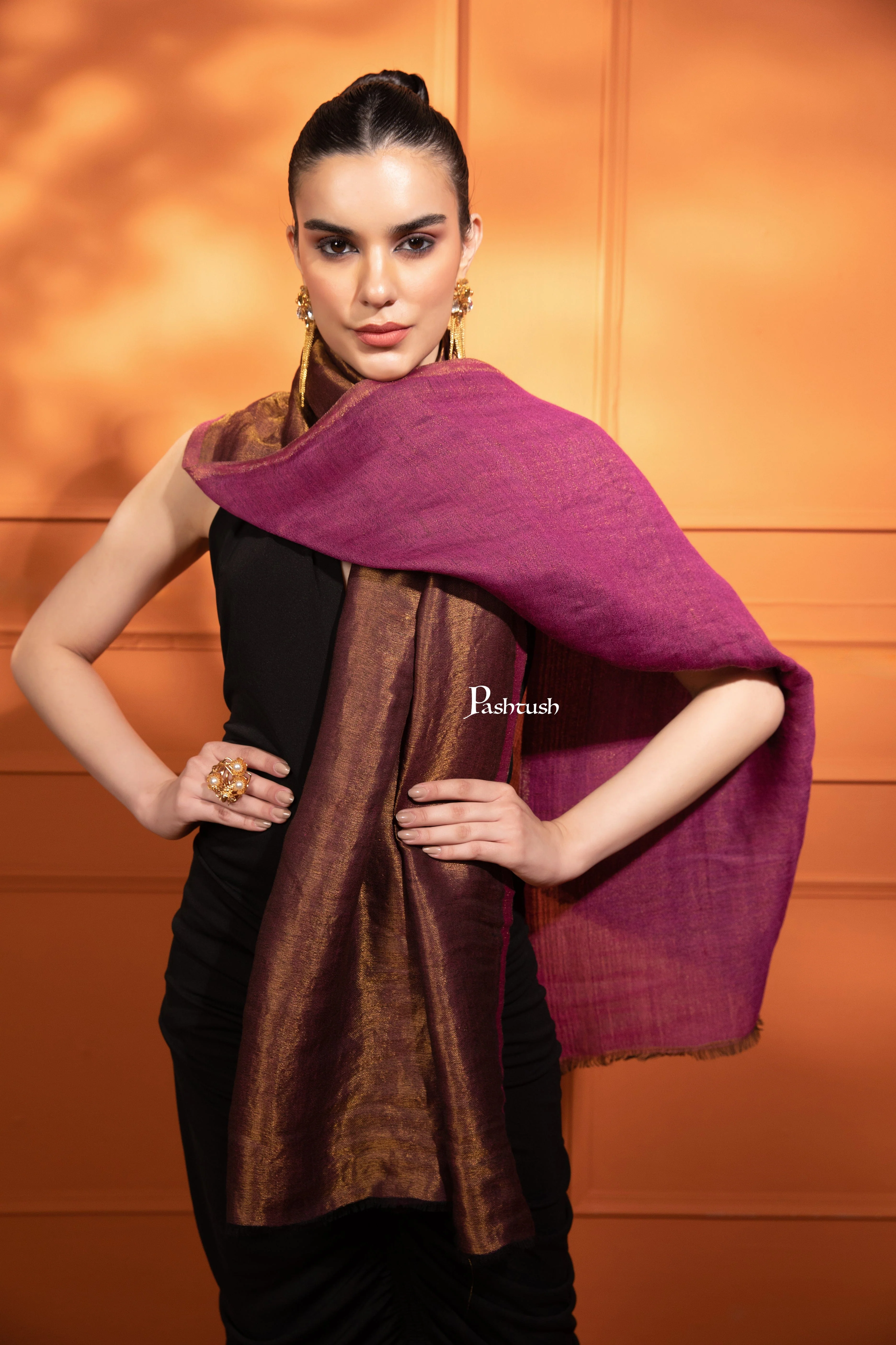 Pashtush Womens Extra Fine Wool Stole, Reversible Zari , Majenta