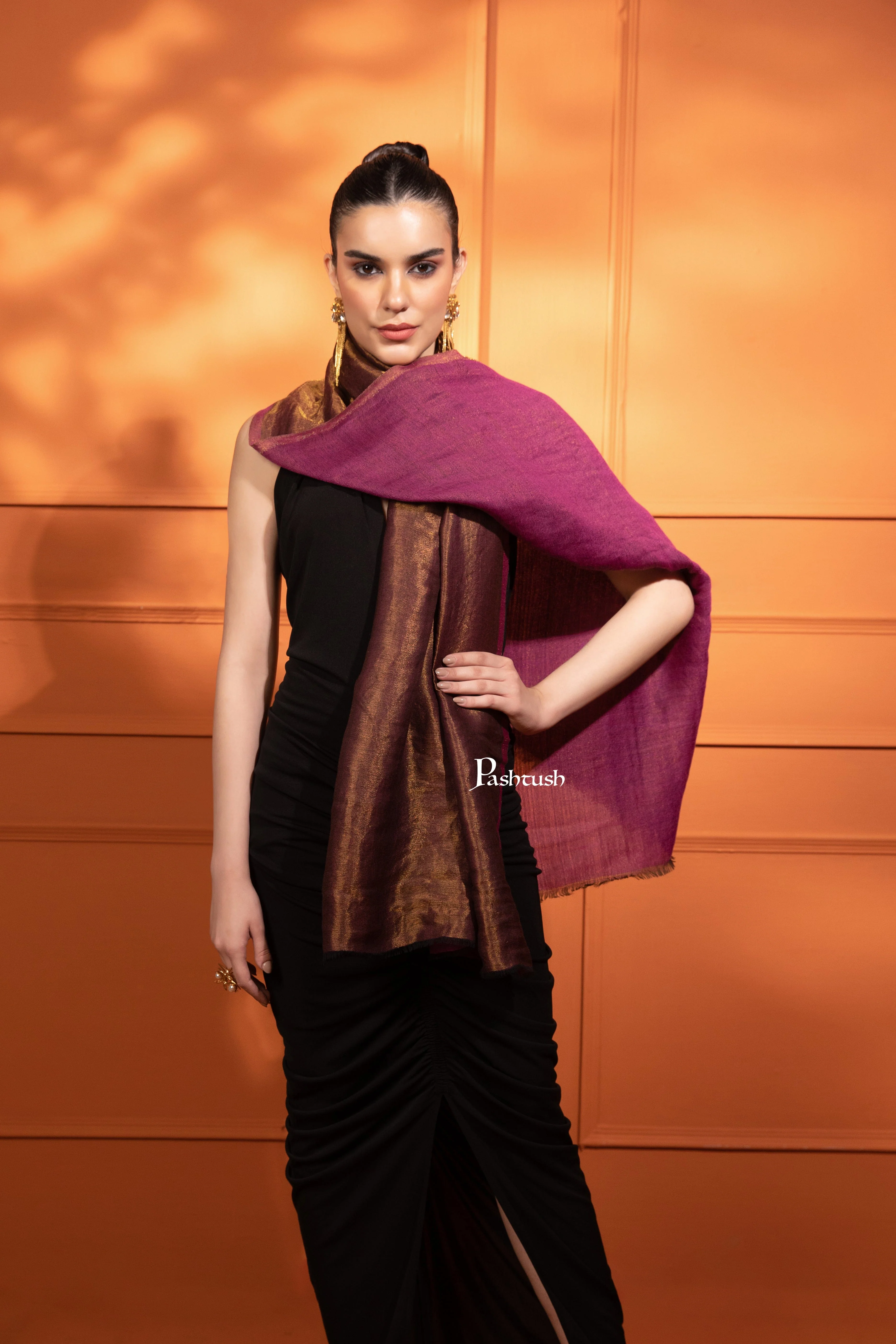 Pashtush Womens Extra Fine Wool Stole, Reversible Zari , Majenta - Image 2