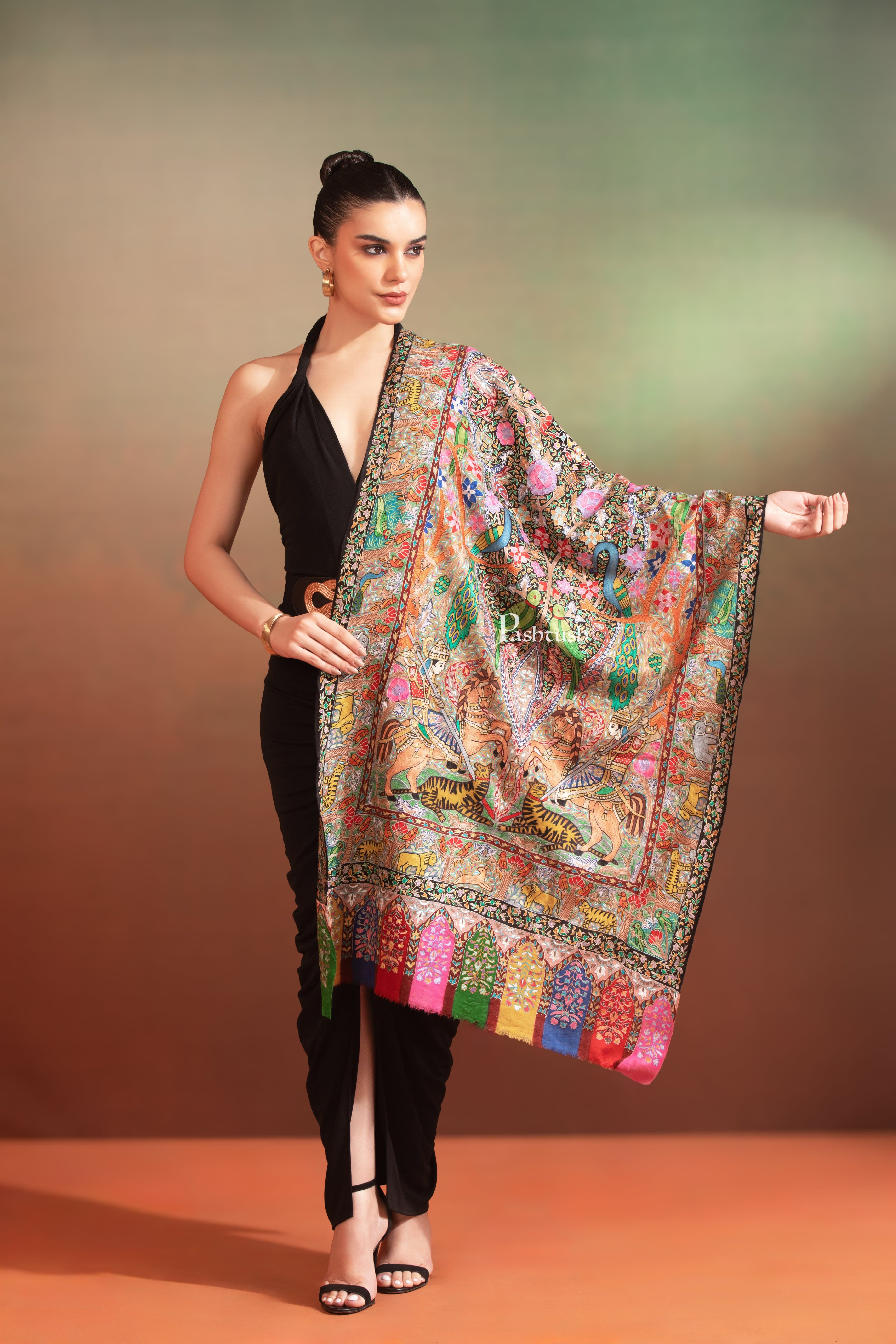 Pashtush Womens Extra Fine Wool Stole, Shikaar-Dar Hand Embroidered, Hand Painted Kalamkari Design, Multicolour - Image 6