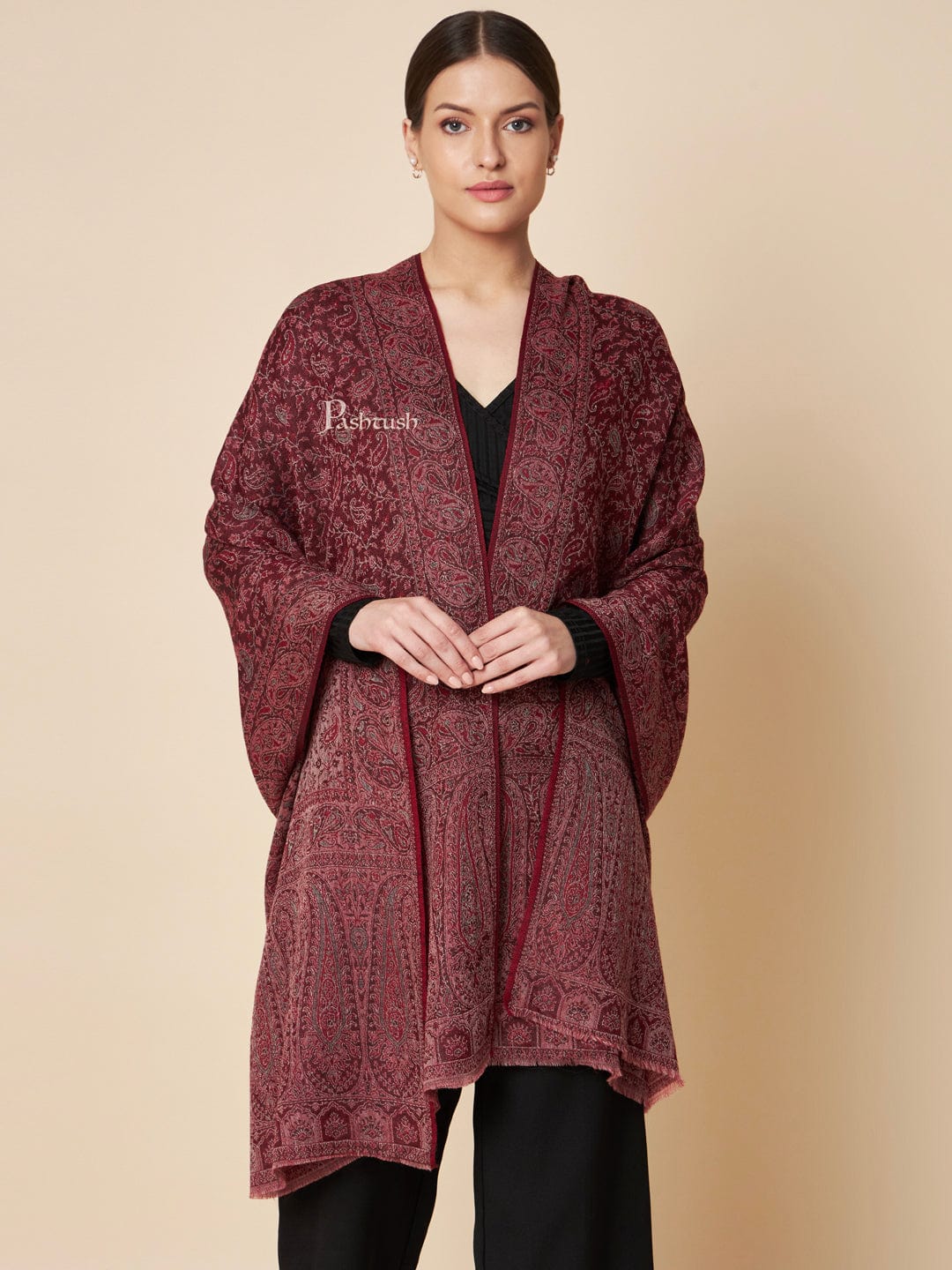 Pashtush Womens Extra Fine Wool Stole, Ethnic Weave Soft Paiseley Design, Multicolour - Image 4