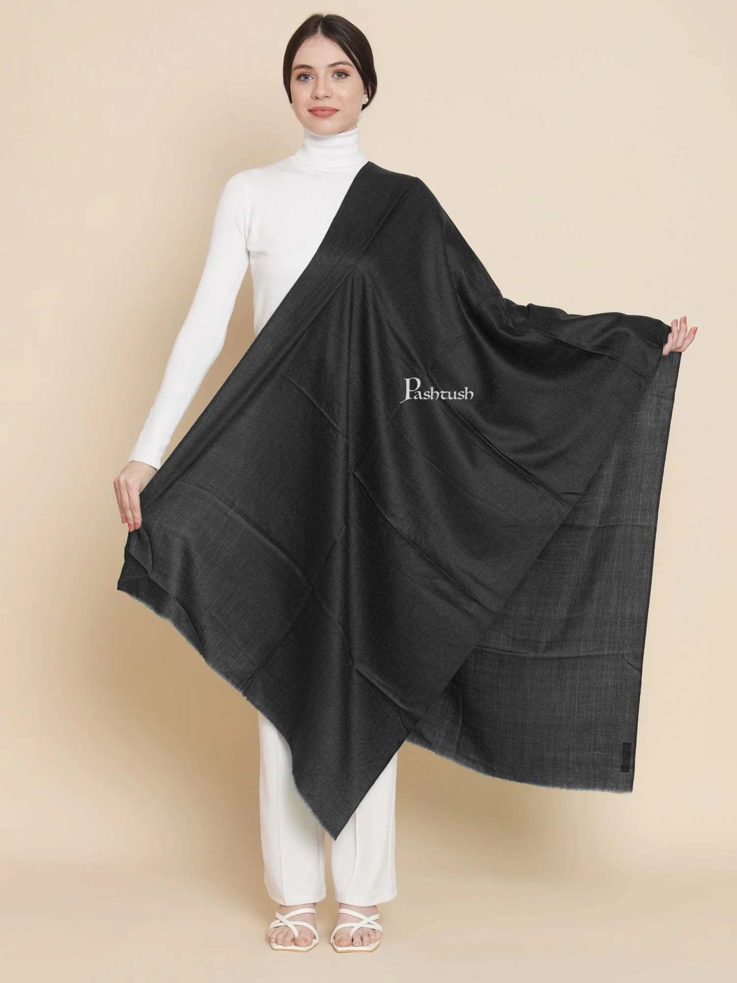 Pashtush Womens Extra Fine Wool Stole, Solid Design, Black - Image 2