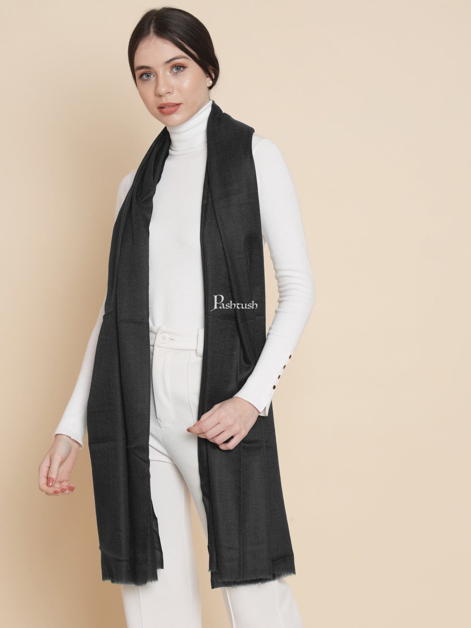 Pashtush Womens Extra Fine Wool Stole, Solid Design, Black - Image 3