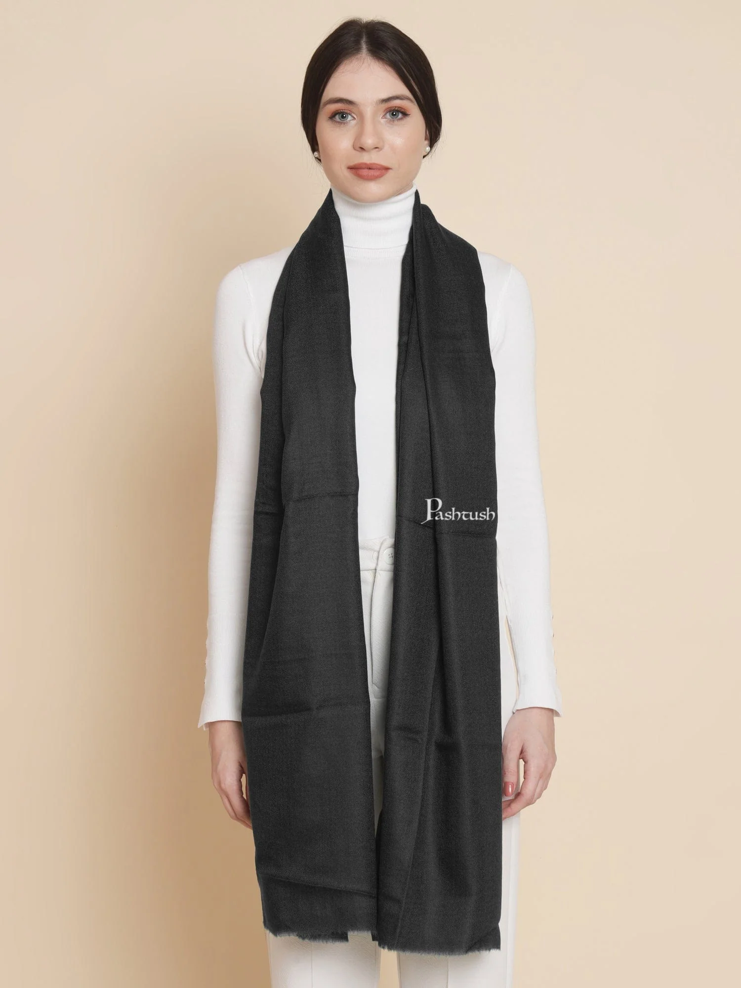 Pashtush Womens Extra Fine Wool Stole, Solid Design, Black - Image 4
