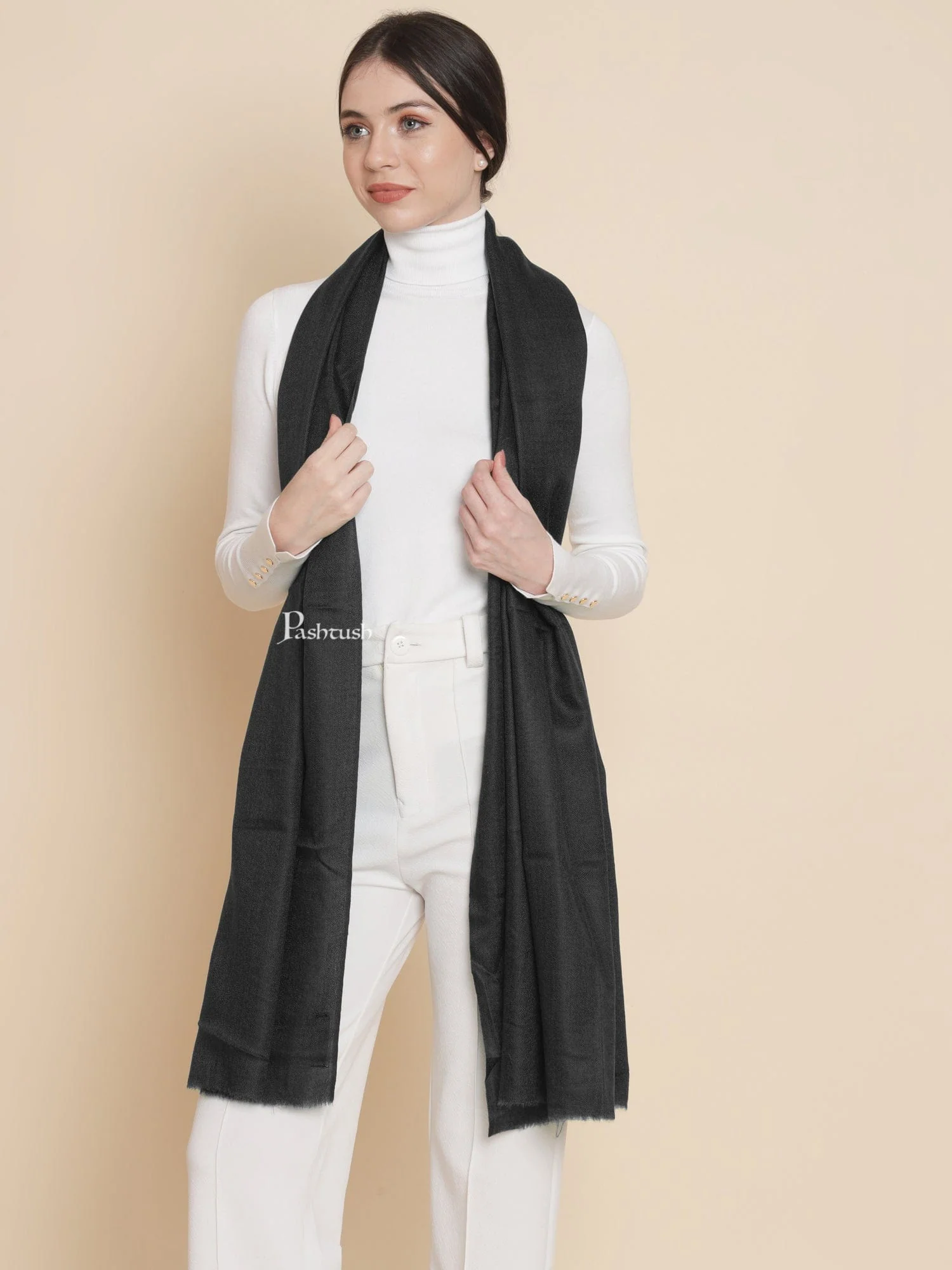 Pashtush Womens Extra Fine Wool Stole, Solid Design, Black - Image 5