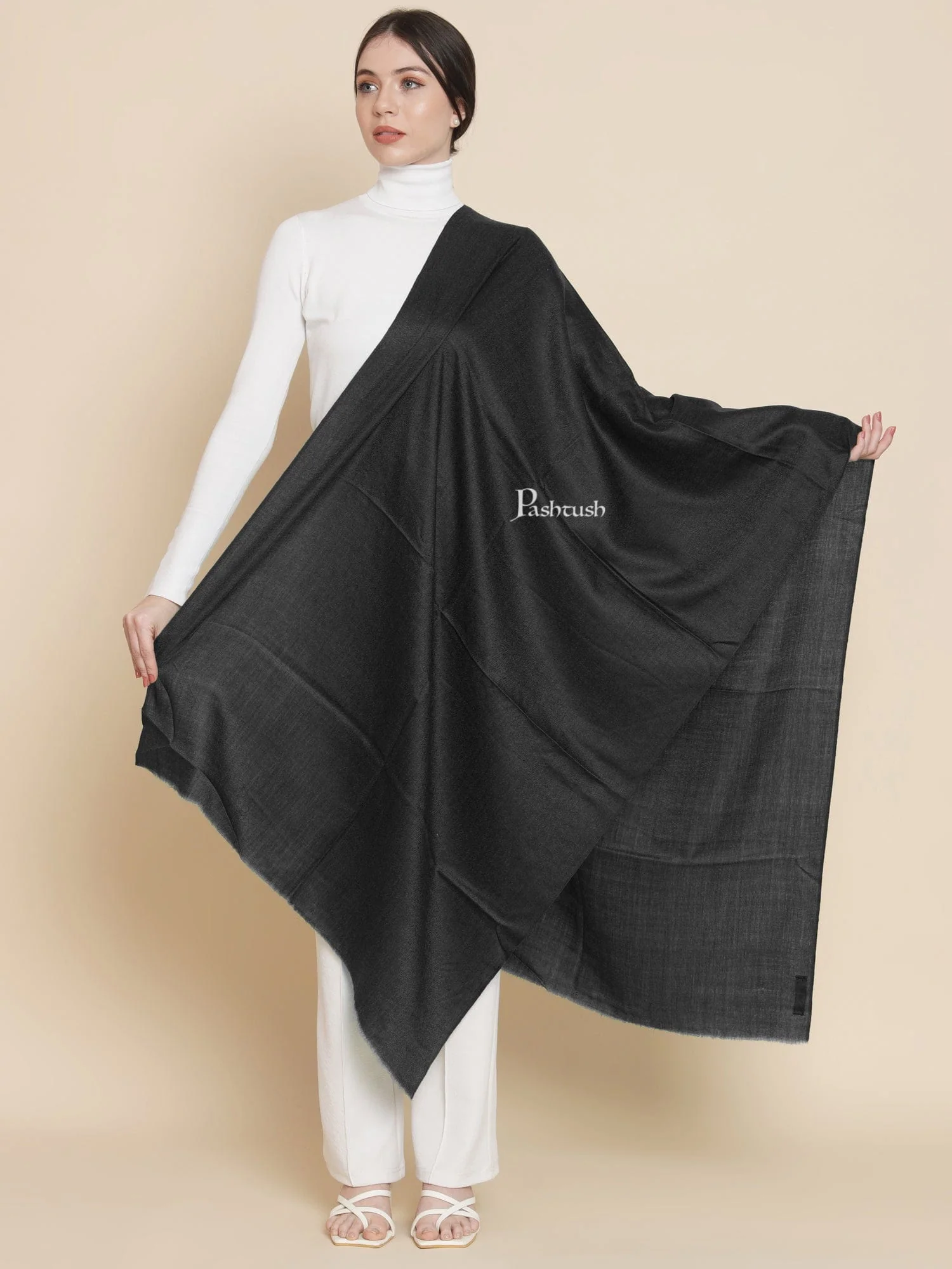 Pashtush Womens Extra Fine Wool Stole, Solid Design, Black - Image 6