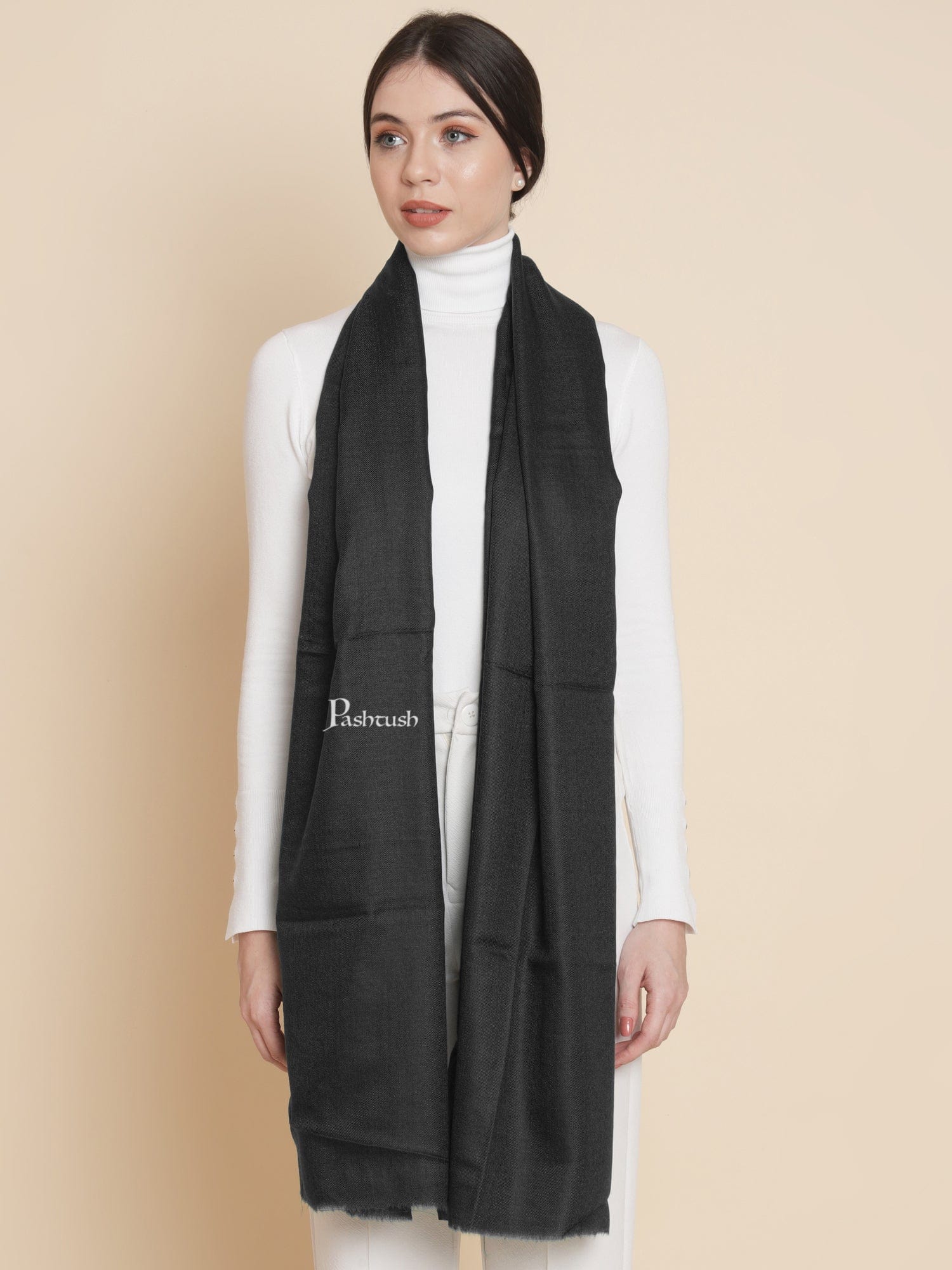 Pashtush Womens Extra Fine Wool Stole, Solid Design, Black - Image 7