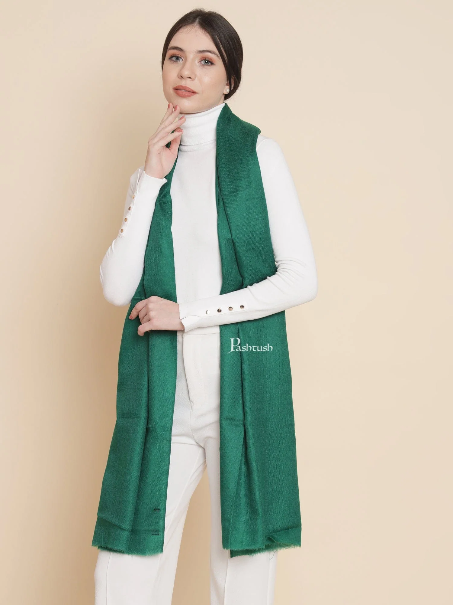 Pashtush Womens Extra Fine Wool Stole, Solid Design, Green - Image 3