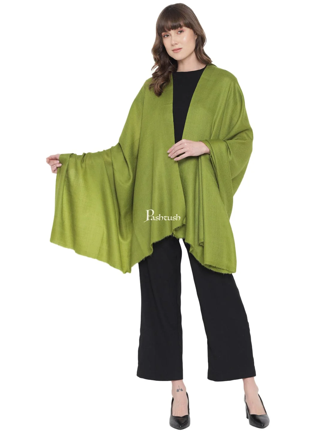 Pashtush Womens Extra Fine Wool Stole, Solid Design, Olive Green