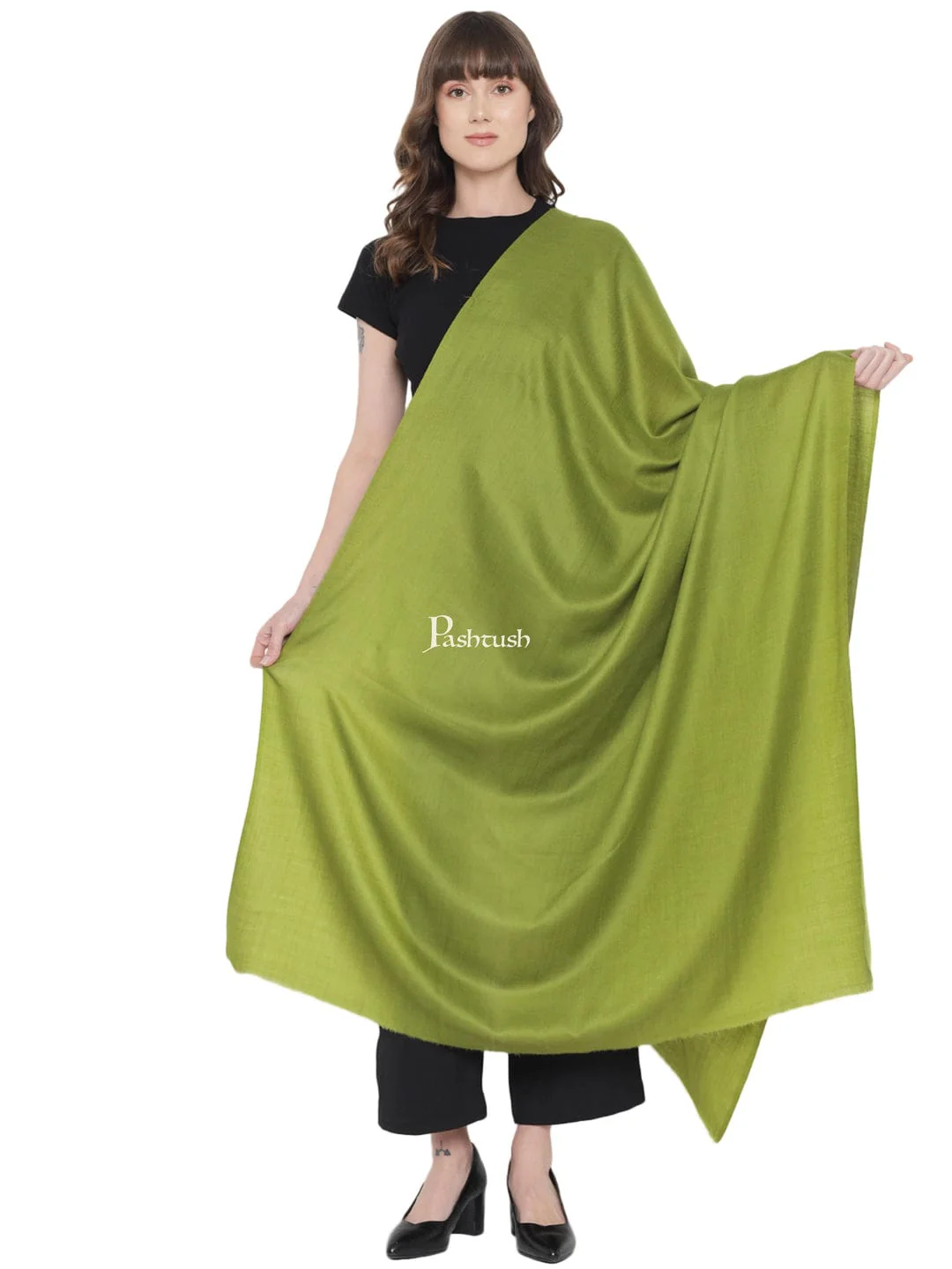 Pashtush Womens Extra Fine Wool Stole, Solid Design, Olive Green - Image 3