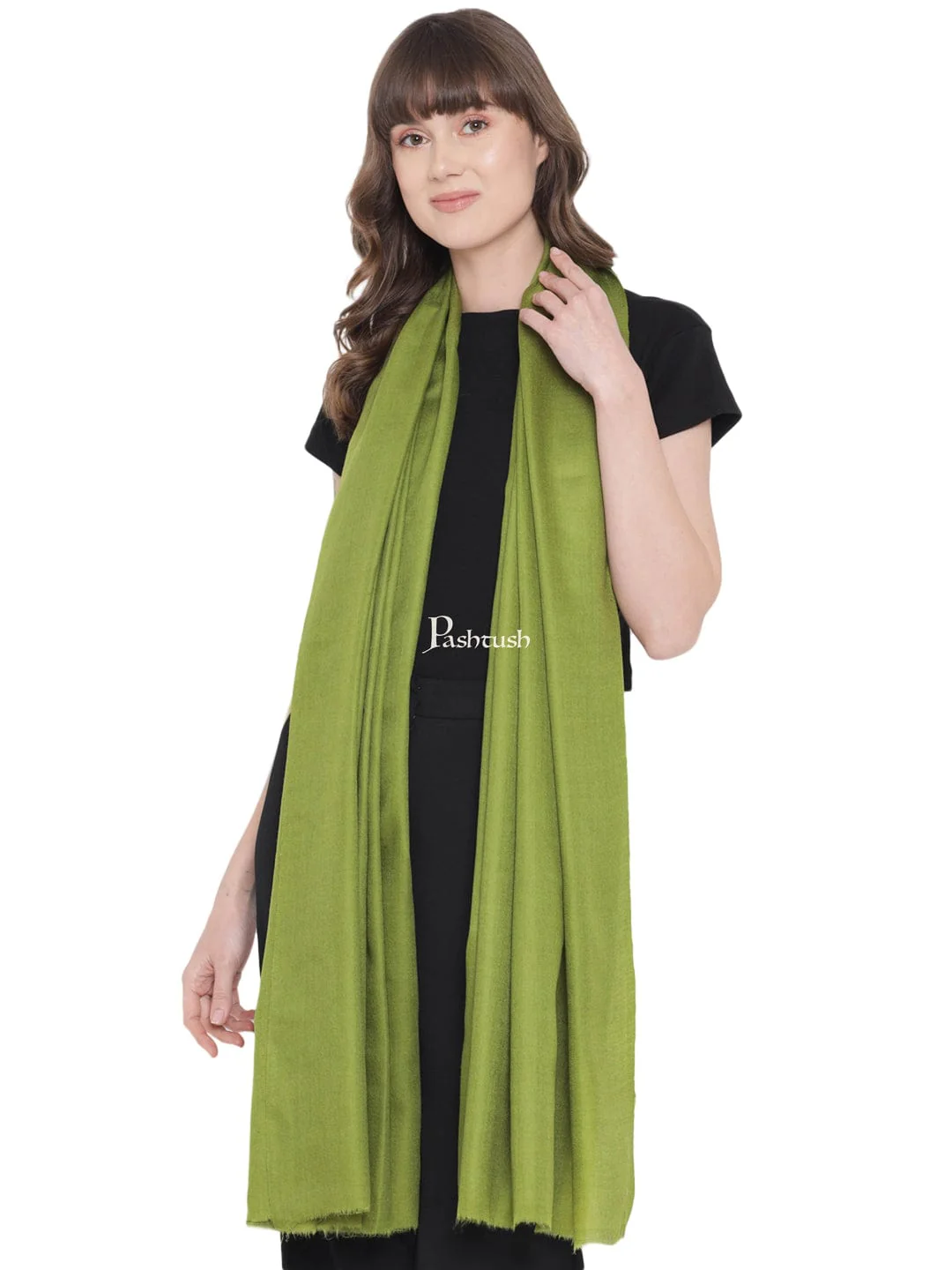 Pashtush Womens Extra Fine Wool Stole, Solid Design, Olive Green - Image 4