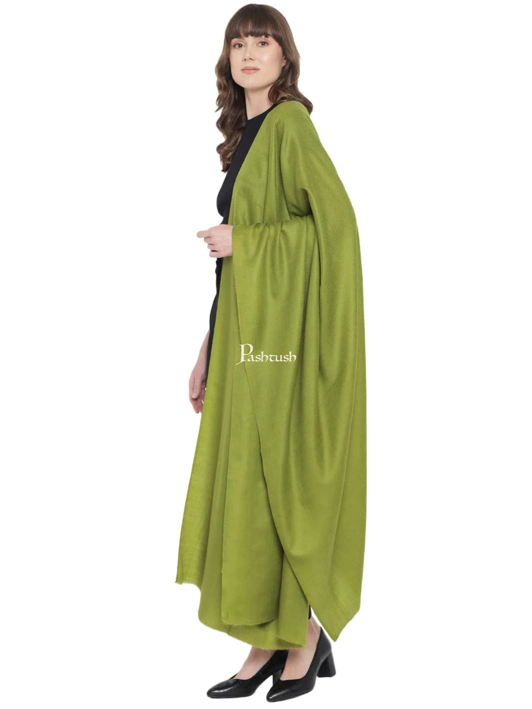 Pashtush Womens Extra Fine Wool Stole, Solid Design, Olive Green - Image 5