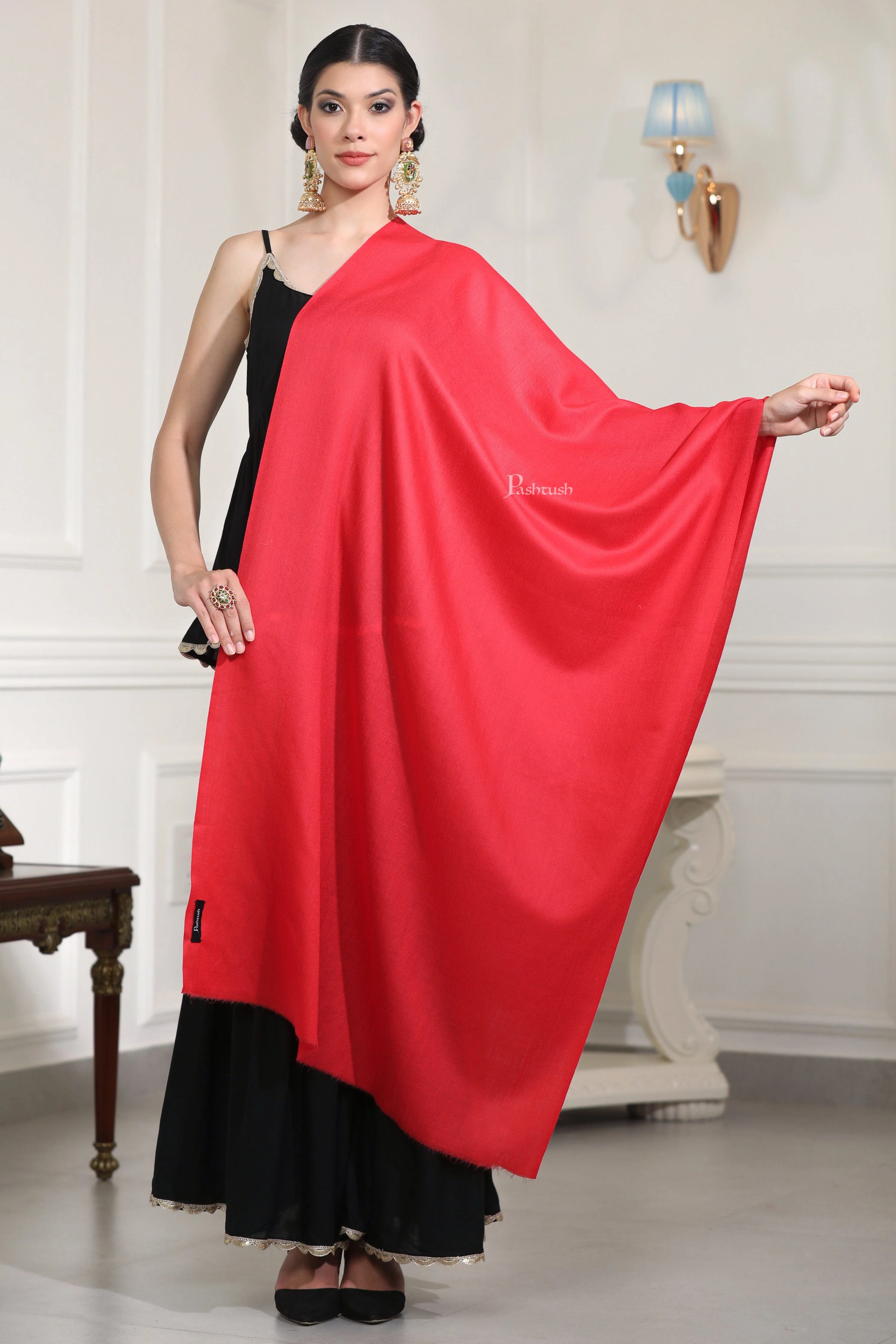 Pashtush Womens Extra Fine Wool Stole, Solid Plain Design, Red