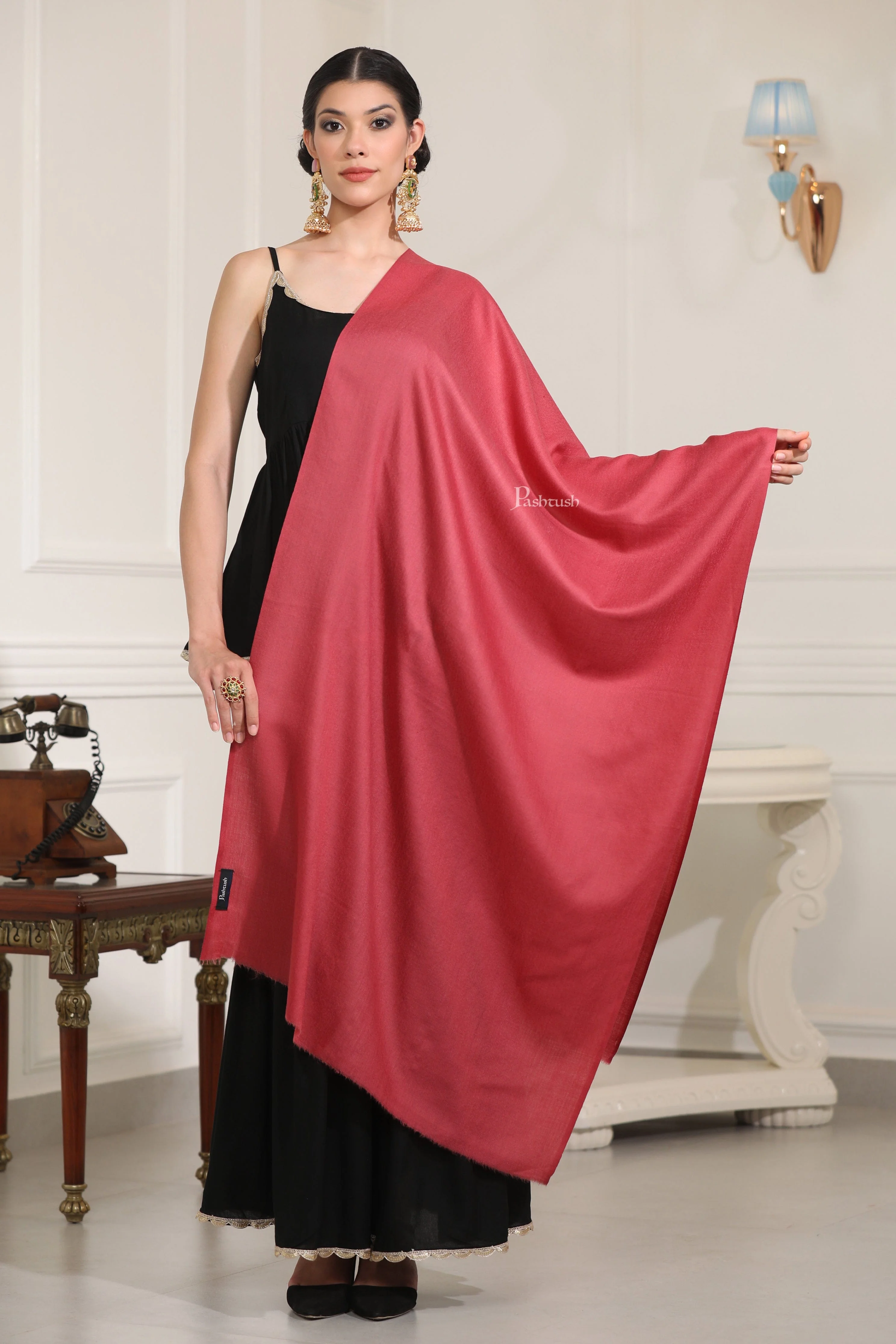 Pashtush Womens Extra Fine Wool Stole, Solid Plain Design, Rose