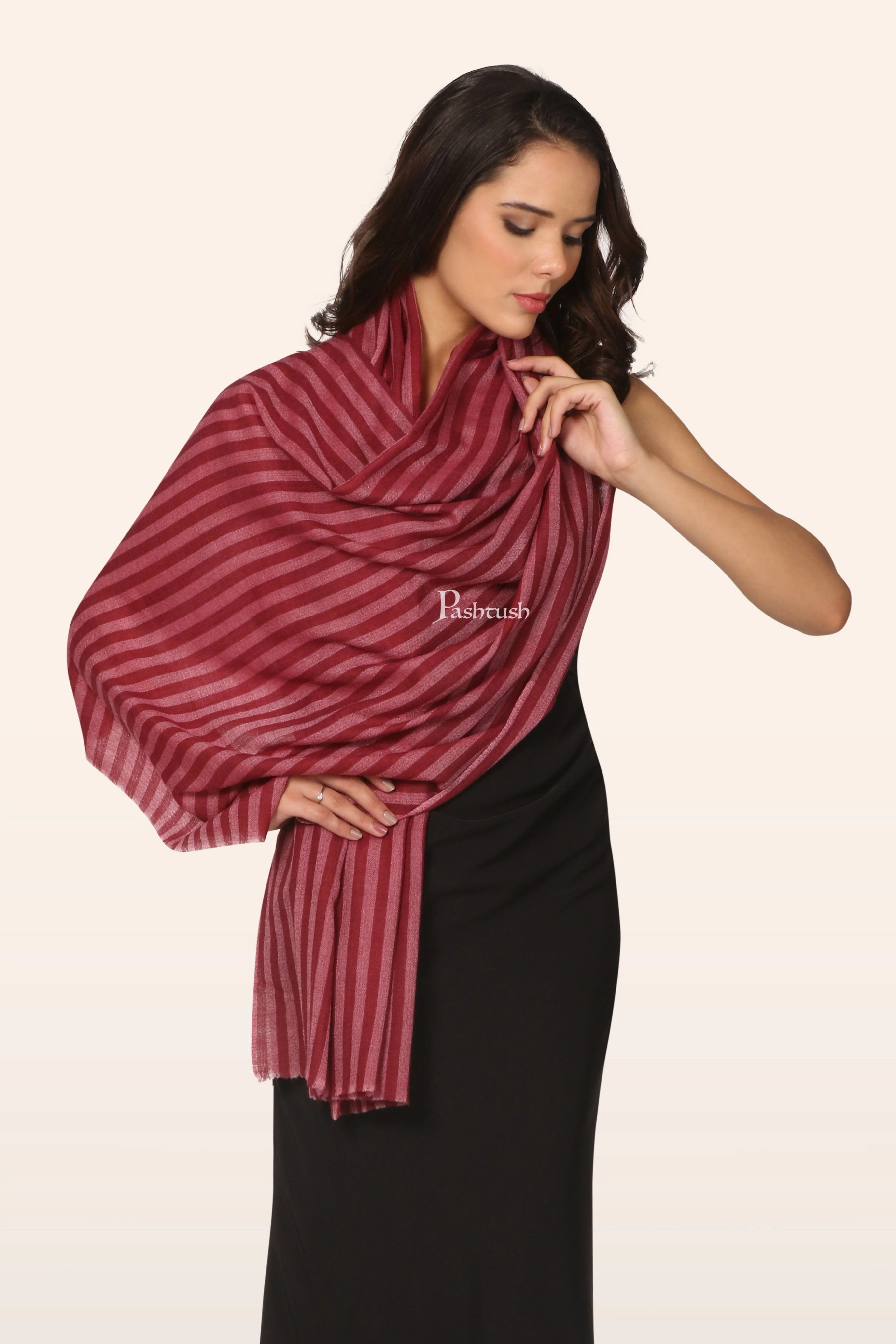 Pashtush Womens Extra Fine Wool Stole, Woven Striped Design, Red - Image 5
