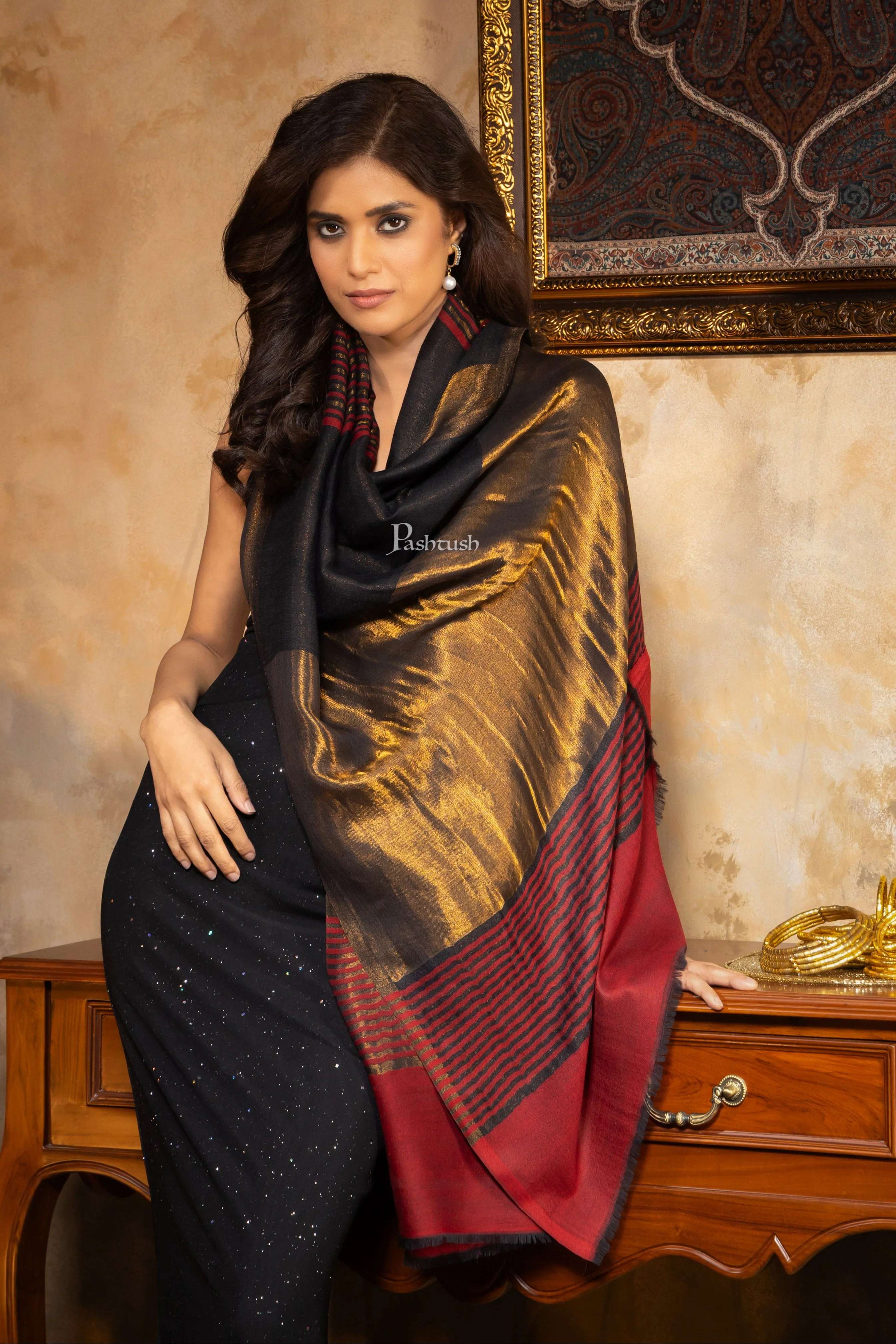 Pashtush Womens Fine Wool Stole, Twilight Collection, Metallic Weave - Image 2