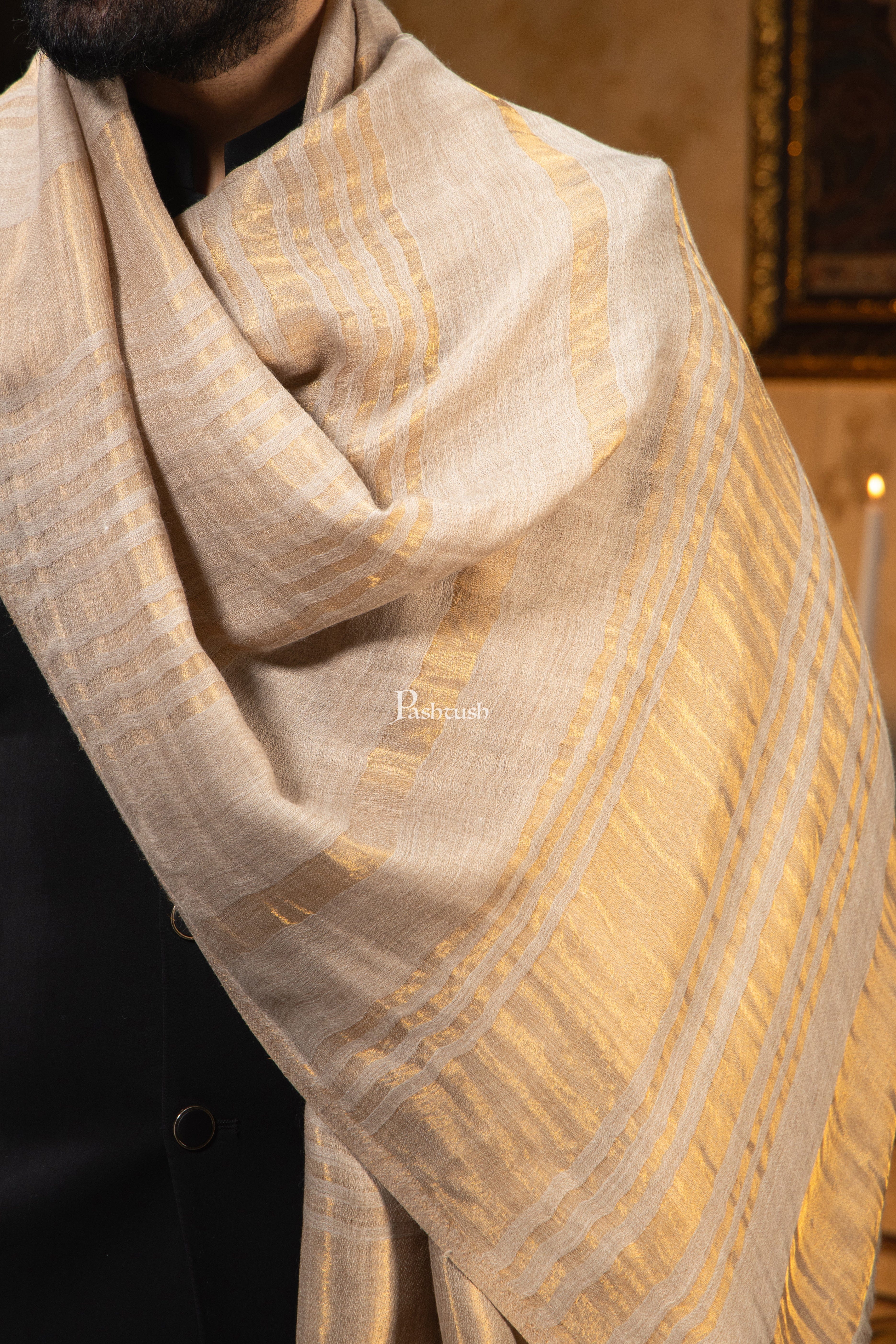 Pashtush Mens Extra Fine Wool Stole, Stripe Twilight Design, Golden - Image 2