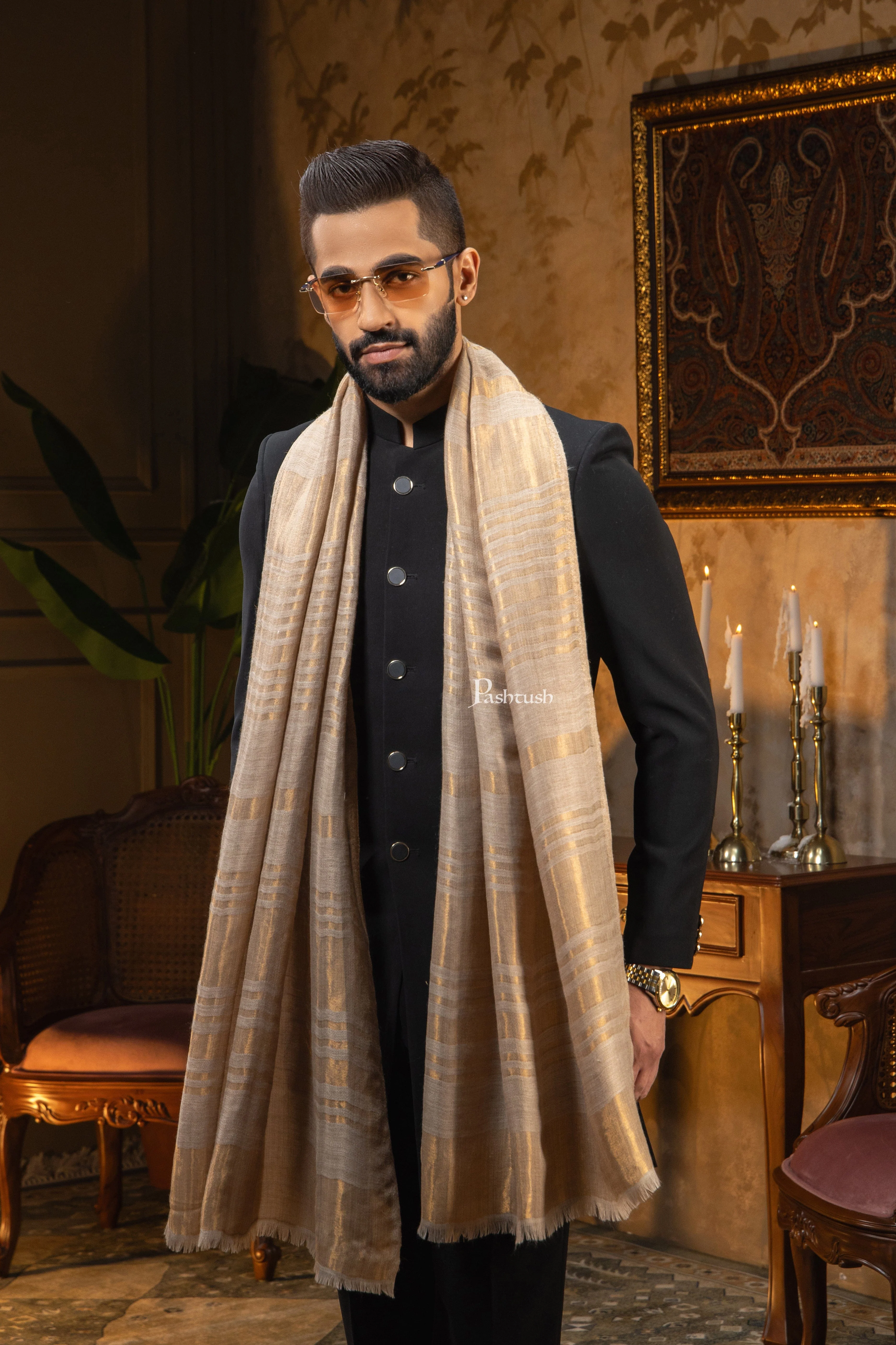 Pashtush Mens Extra Fine Wool Stole, Stripe Twilight Design, Golden - Image 3
