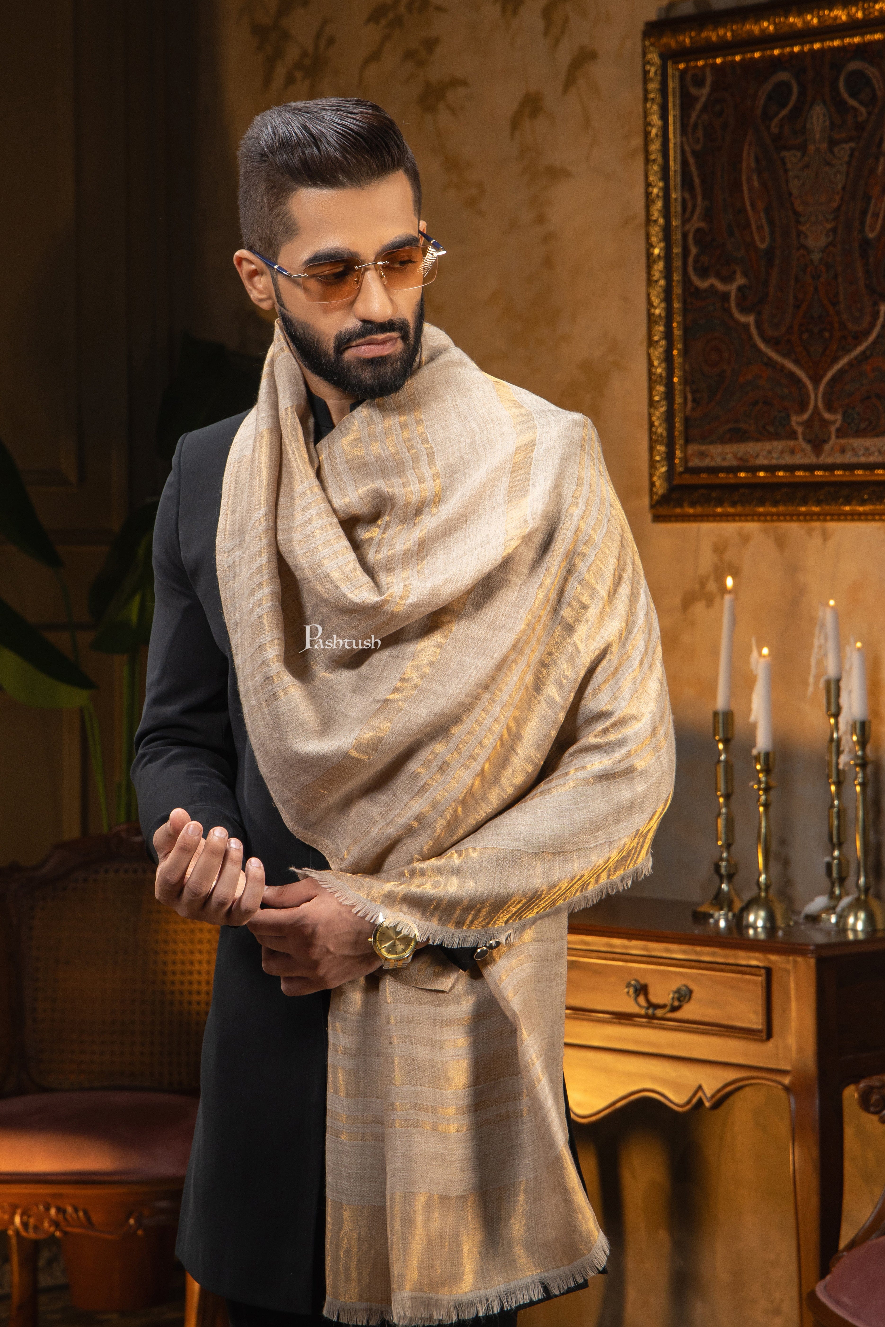 Pashtush Mens Extra Fine Wool Stole, Stripe Twilight Design, Golden - Image 4