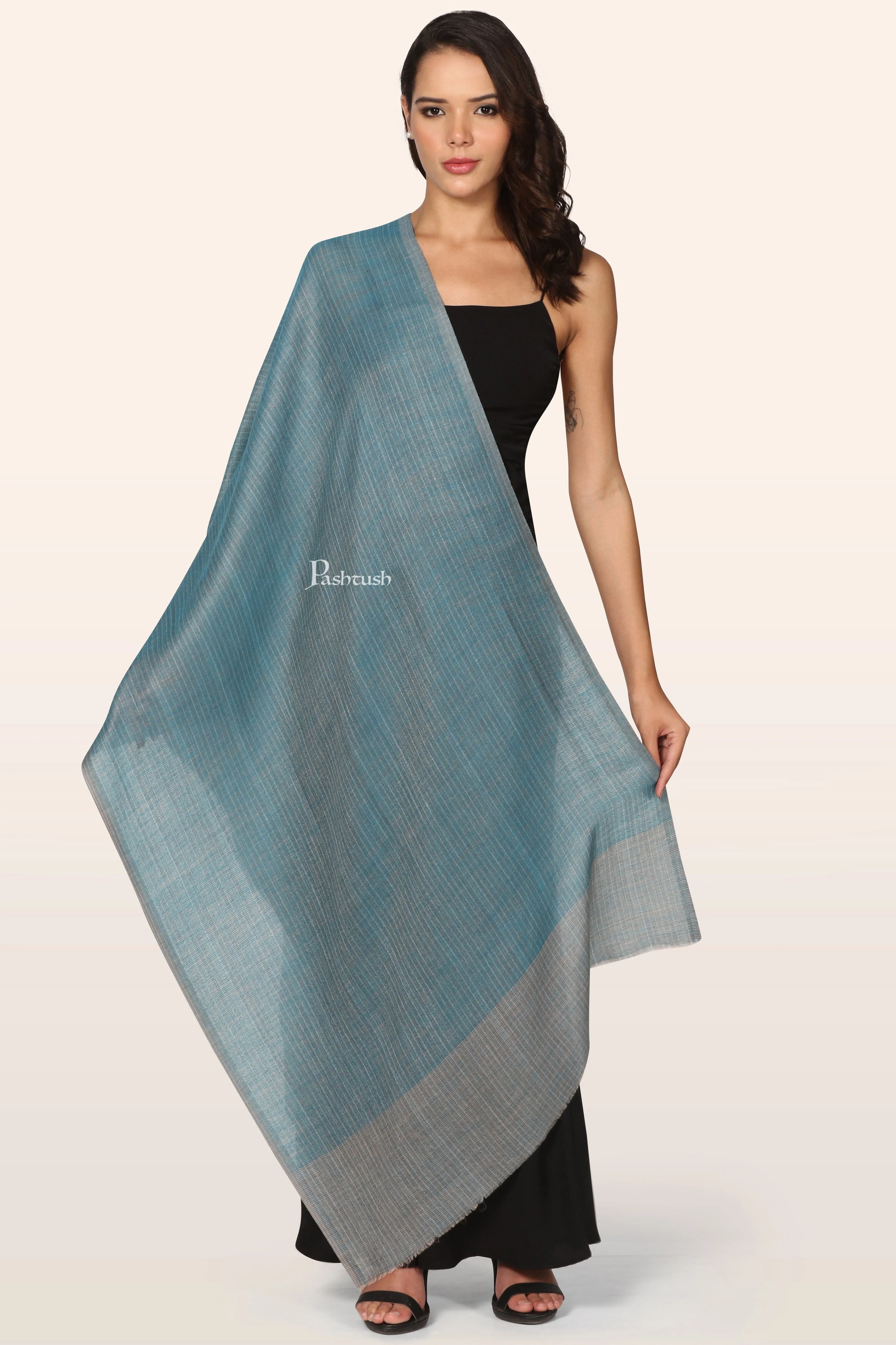 Pashtush Womens Extra Fine Wool Stole, Stripe Weave Design, Arabic Sea Green - Image 4