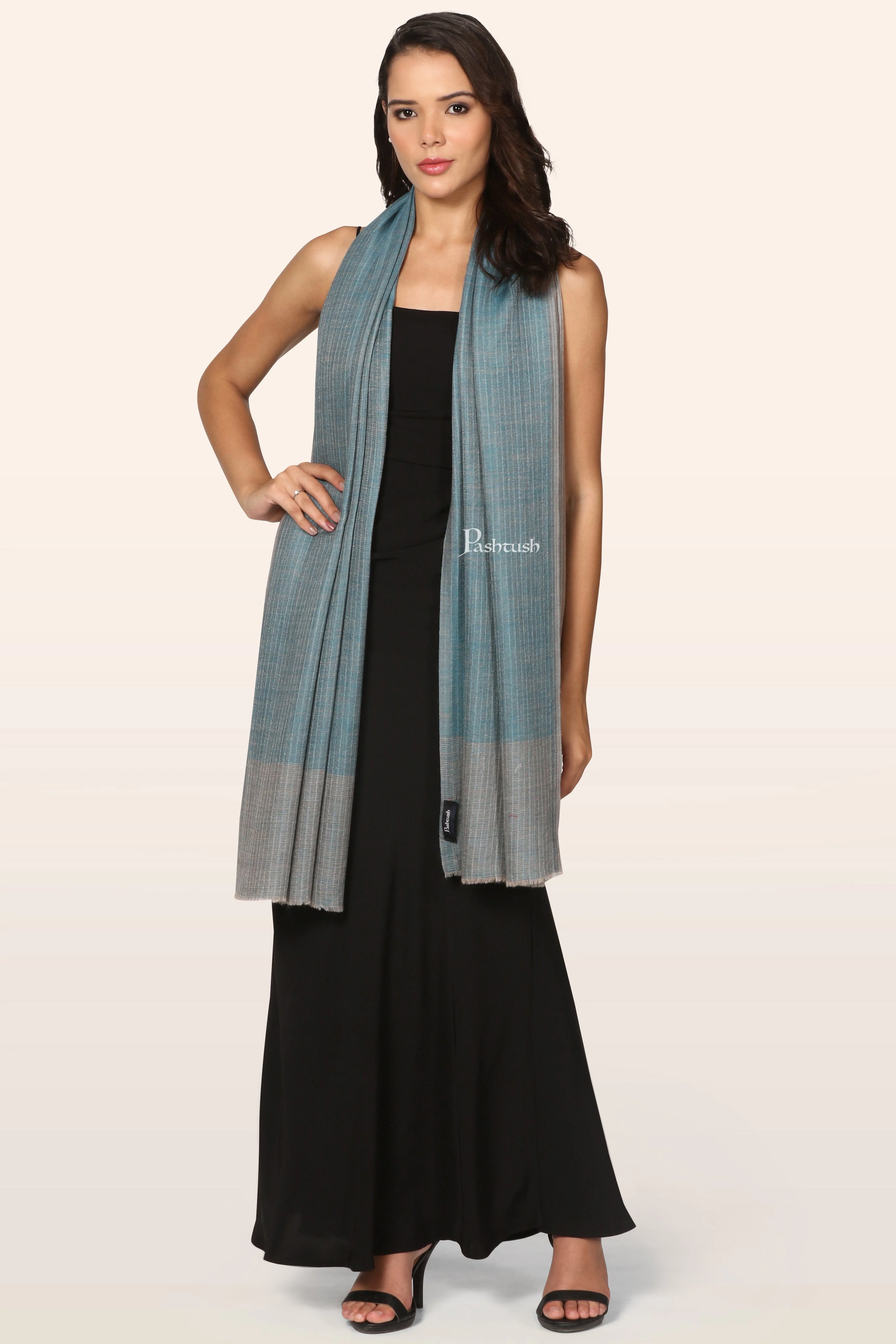 Pashtush Womens Extra Fine Wool Stole, Stripe Weave Design, Arabic Sea Green - Image 5
