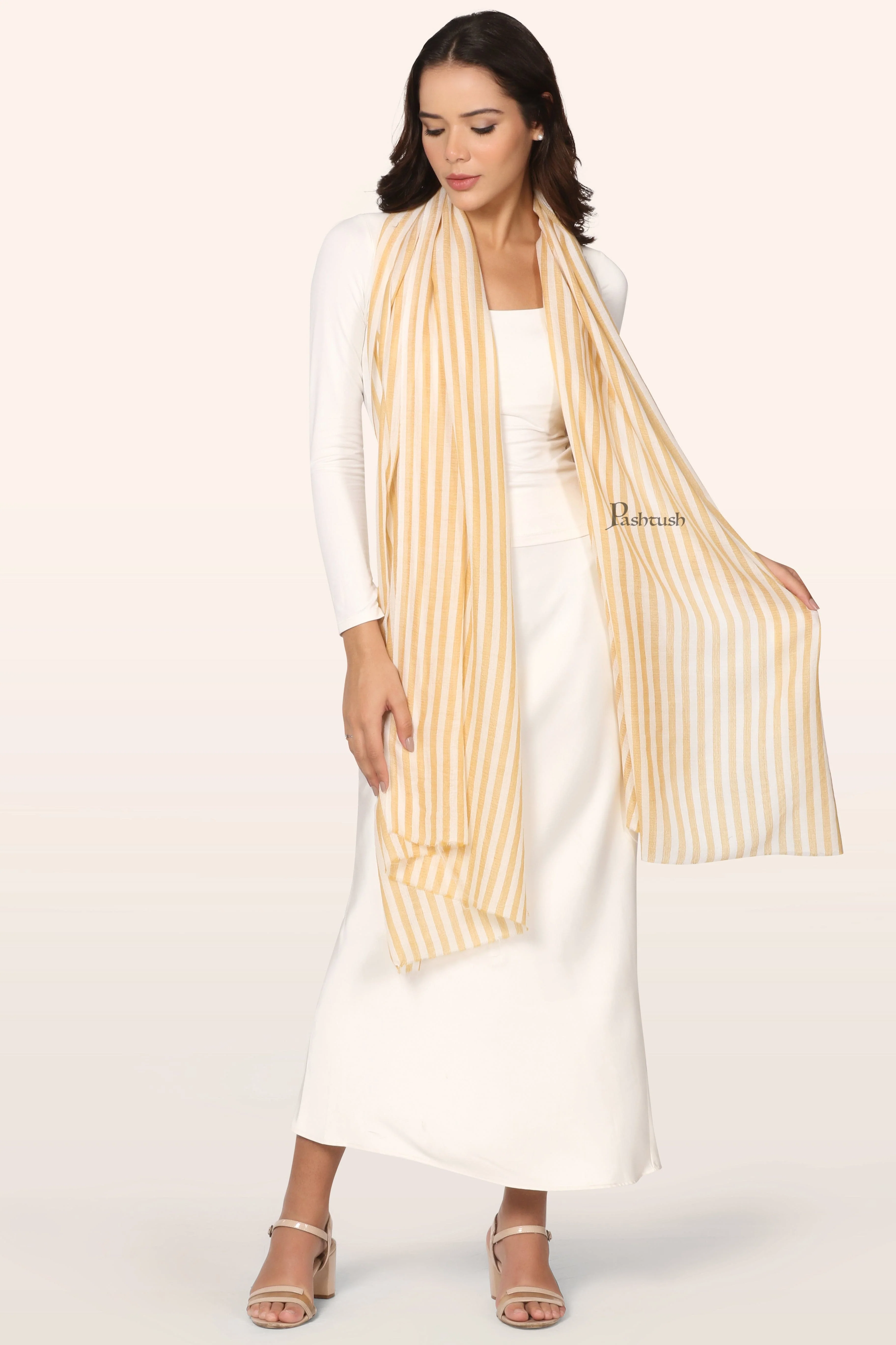 Pashtush Womens Extra Fine Silk Wool Stole, Woven Stripes, Extra Soft, Sunflower Ivory - Image 2