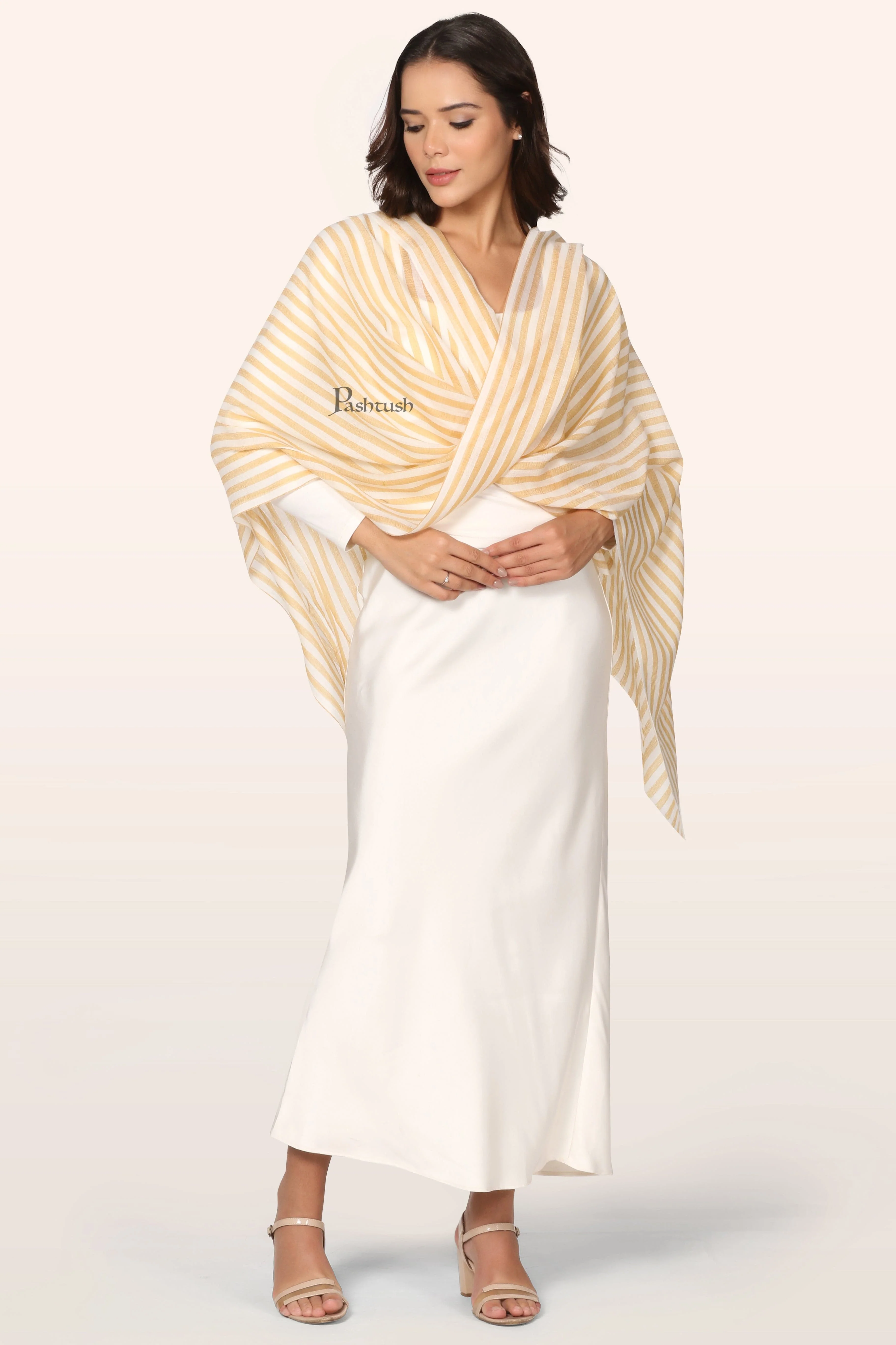 Pashtush Womens Extra Fine Silk Wool Stole, Woven Stripes, Extra Soft, Sunflower Ivory - Image 5