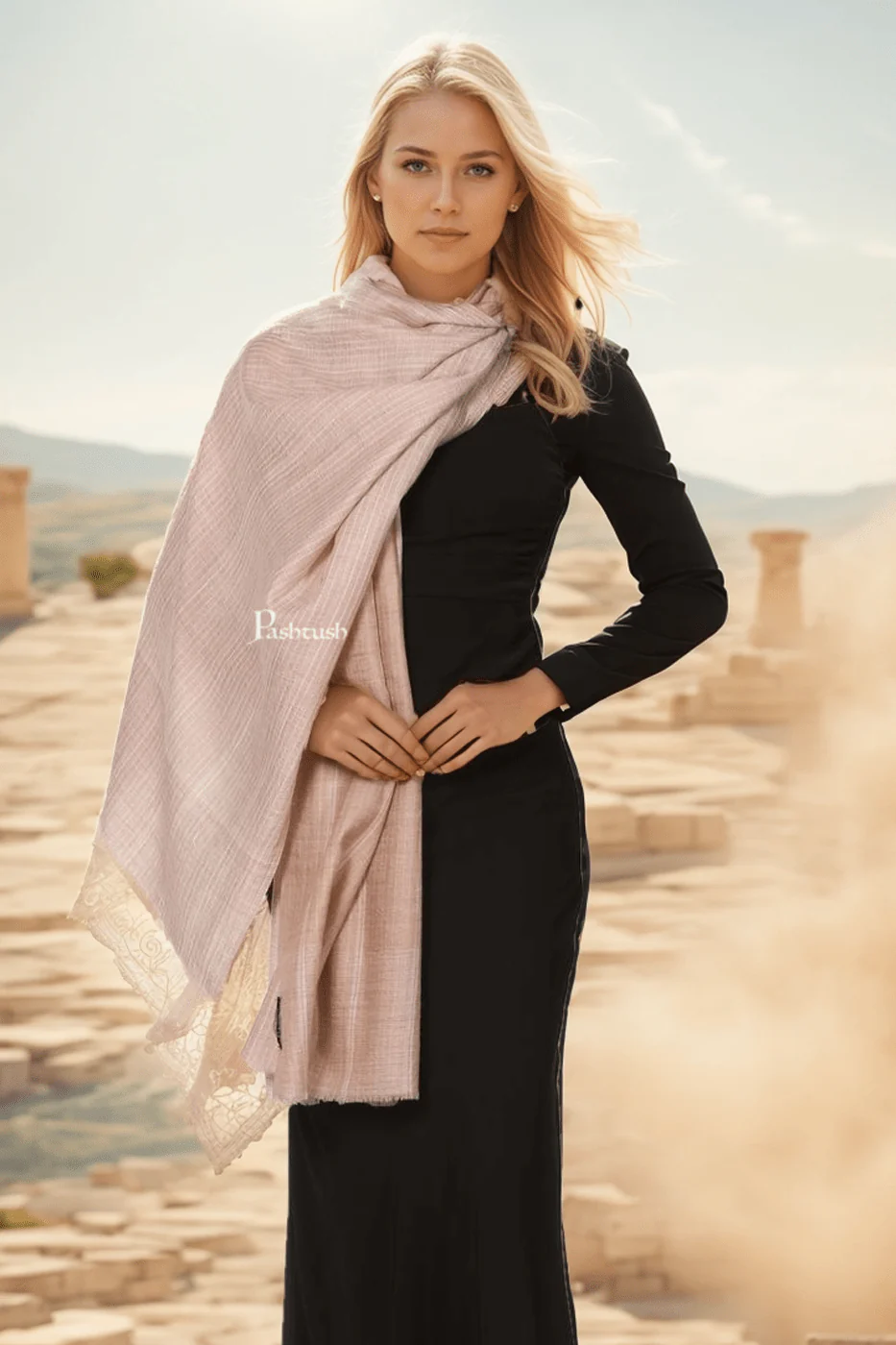 Pashtush Womens Extra Fine Wool Stole, Stripe Weave Design, Taupe