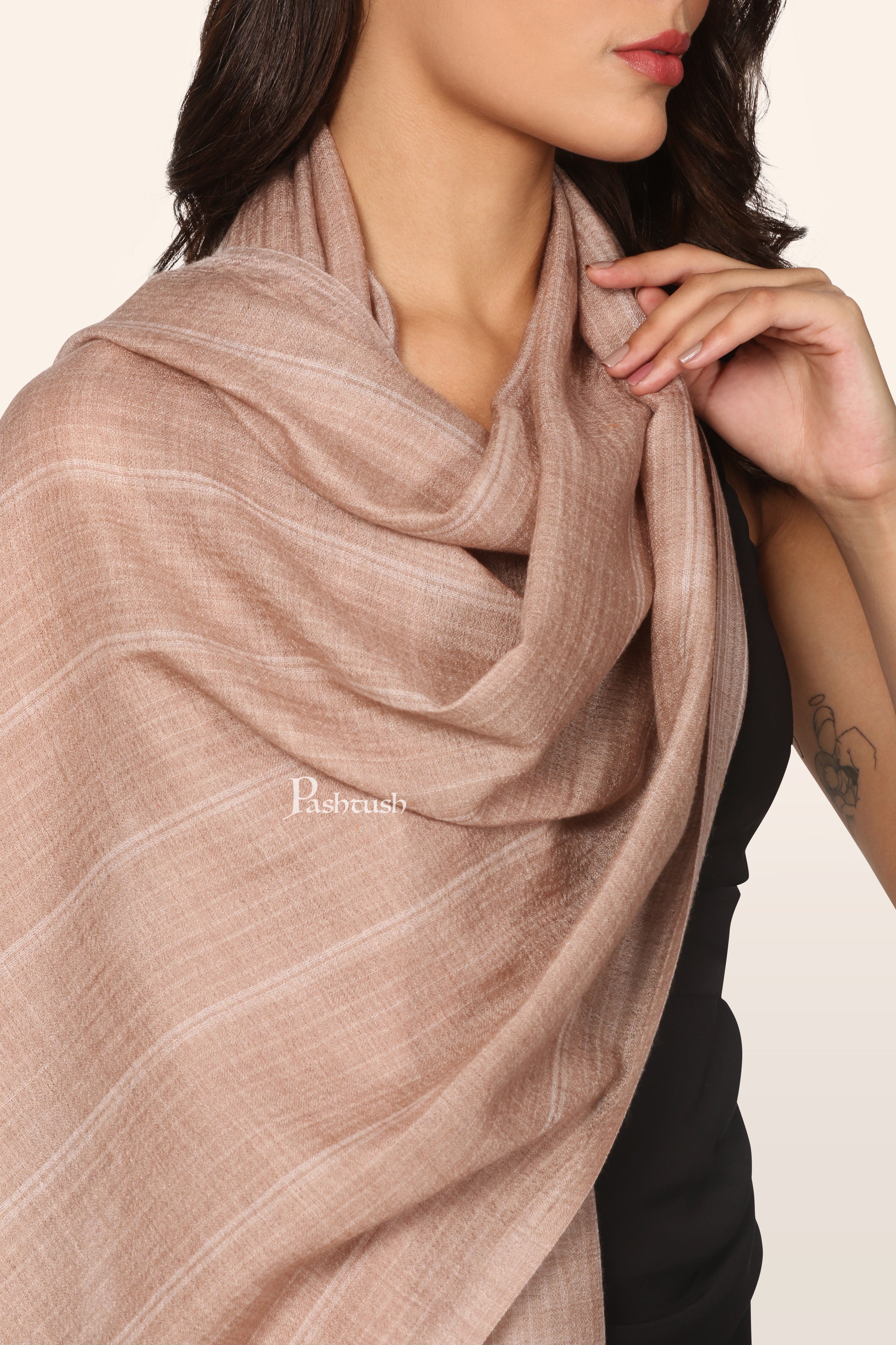 Pashtush Womens Extra Fine Wool Stole, Stripe Weave Design, Taupe - Image 2