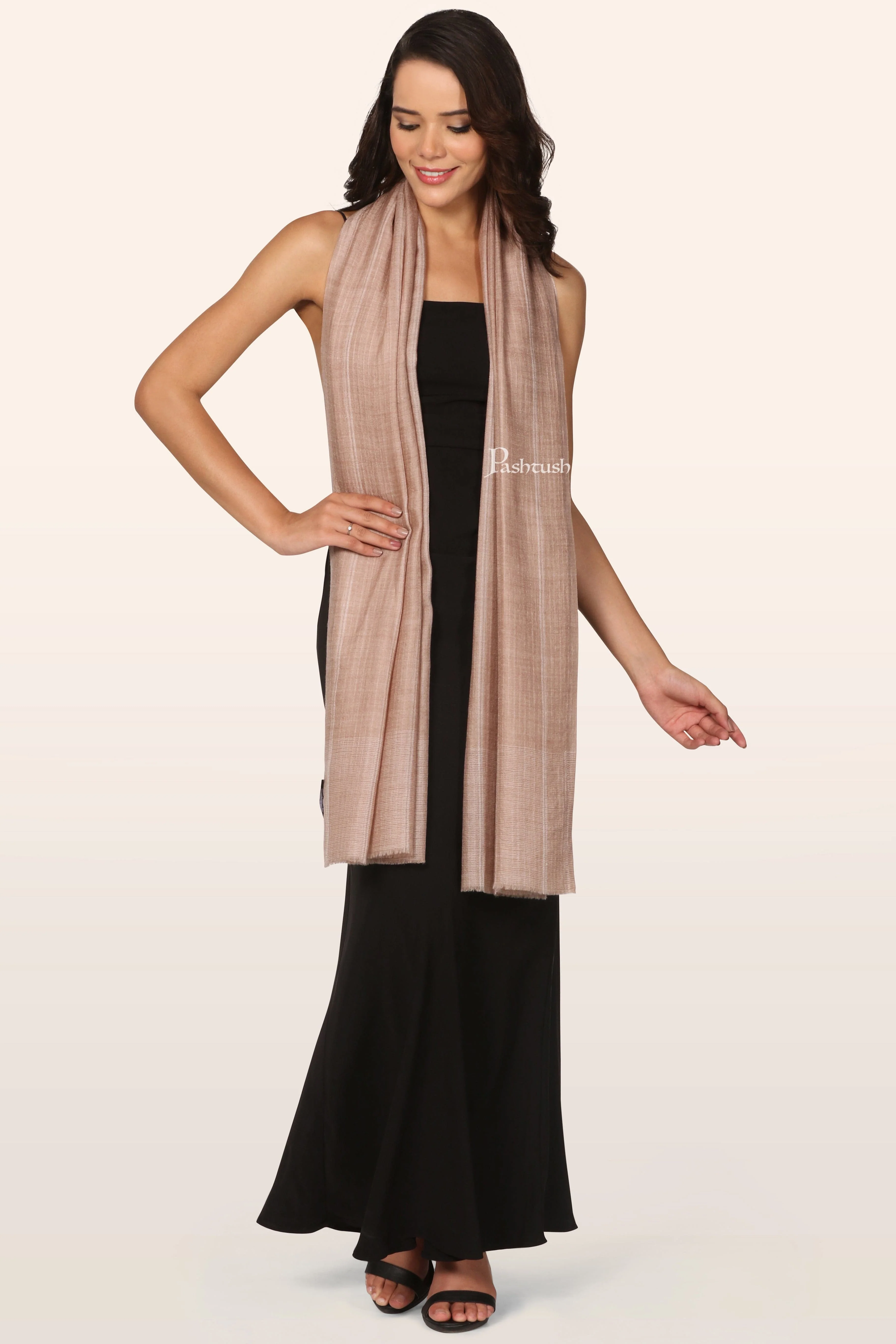 Pashtush Womens Extra Fine Wool Stole, Stripe Weave Design, Taupe - Image 3