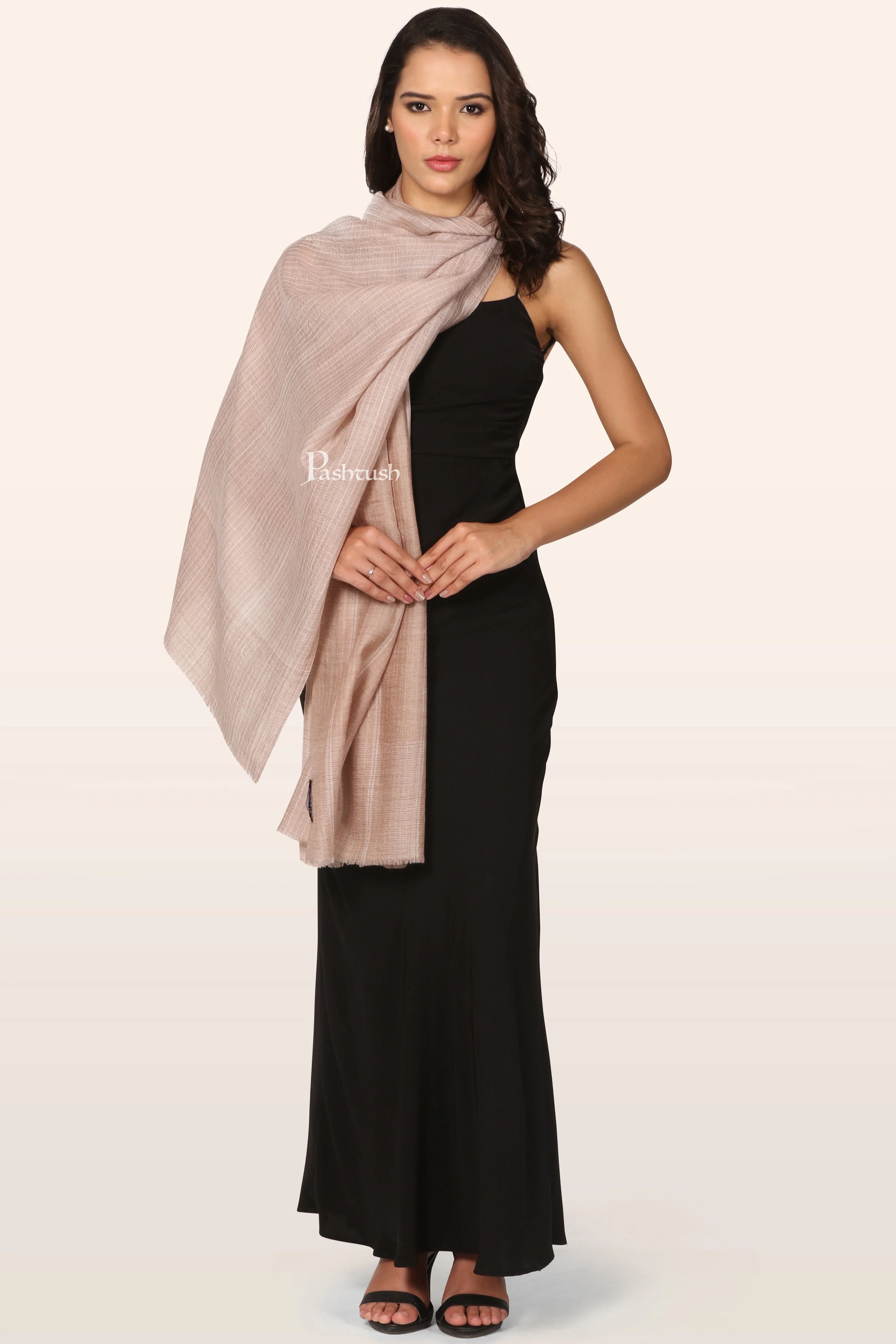 Pashtush Womens Extra Fine Wool Stole, Stripe Weave Design, Taupe - Image 4