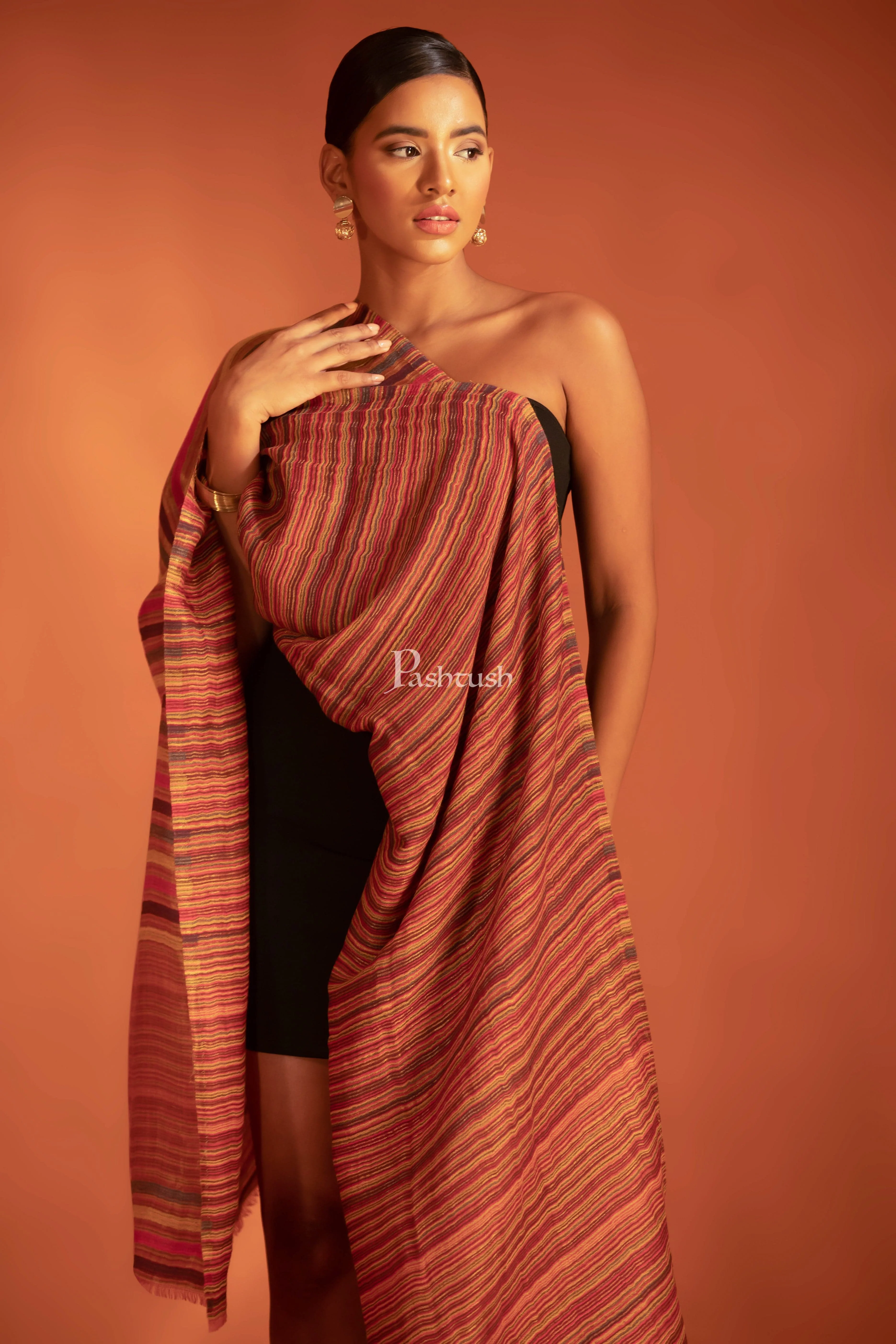Pashtush Womens Extra Fine Wool Stole, Stripe With Zari Design, Multicolour (Twilight)